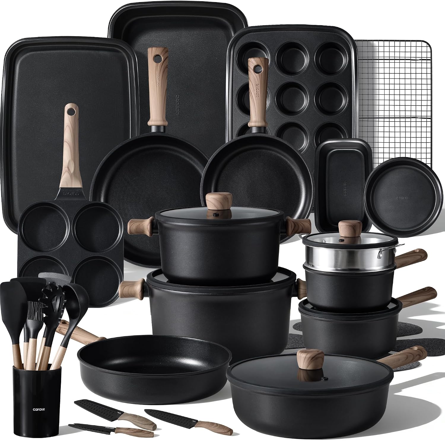 CAROTE 44pcs Pots and Pans, Nonstick Cookware Set with Bakeware | Induction Kitchen Cooking Set, Durable, Easy Food Release, Even Heating, with Knife Set