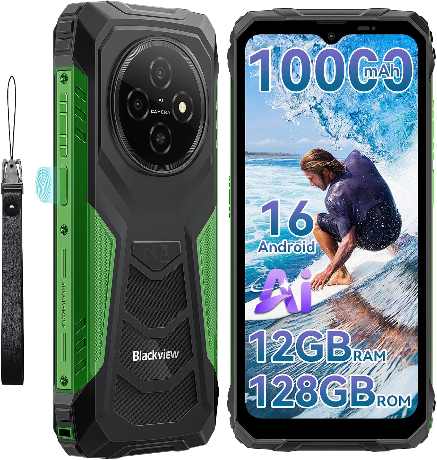 Blackview Rugged Phone Android 16, 10000mAh Battery 12GB+128GB/2TB Expand Gemini AI 6.56 Inch 90Hz 4G T-Mobile Dual SIM IP69K Waterproof Rugged Smartphone Unlocked Fingerprint/NFC/OTG/GPS
