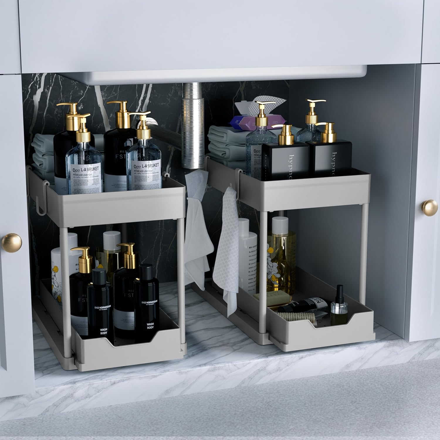 DEKAVA Under Sink Organizer 2 Pack，Bathroom Cabinet Organizer，2 Tier Sliding Cabinet Basket Organizer Drawer, Multi-Purpose Bath Collection Baskets for Bathroom (Grey)