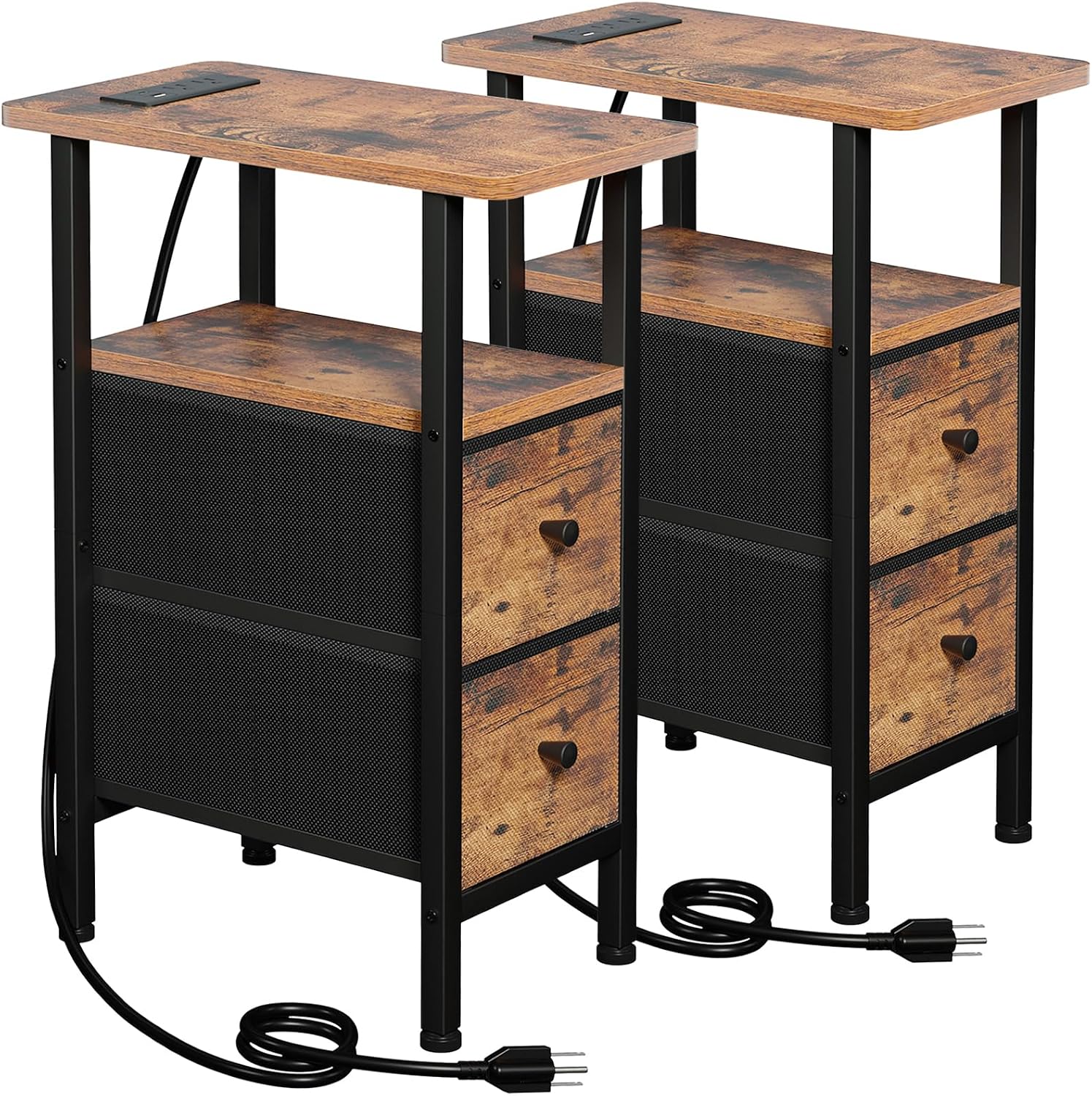 LOAKEKEL Narrow Nightstand with Charging Station, End Tables Living Room Set of 2, Skinny Side Table with Fabric Drawers, Slim Sofa Table for Bedroom, Small Spaces, Couch, Brown, HETNDP02BR