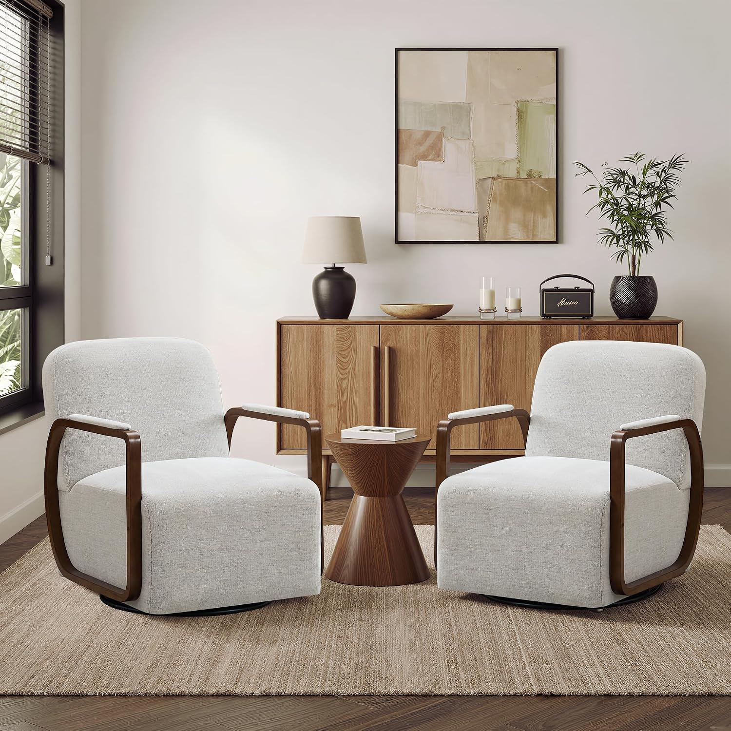 Swivel Accent Chair, Modern Lounge Chair with Sturdy Wooden Armrests and 360° Rotatable Metal Base, Comfy Living Room Chair with Chenille Fabric (Beige, Set of 2)