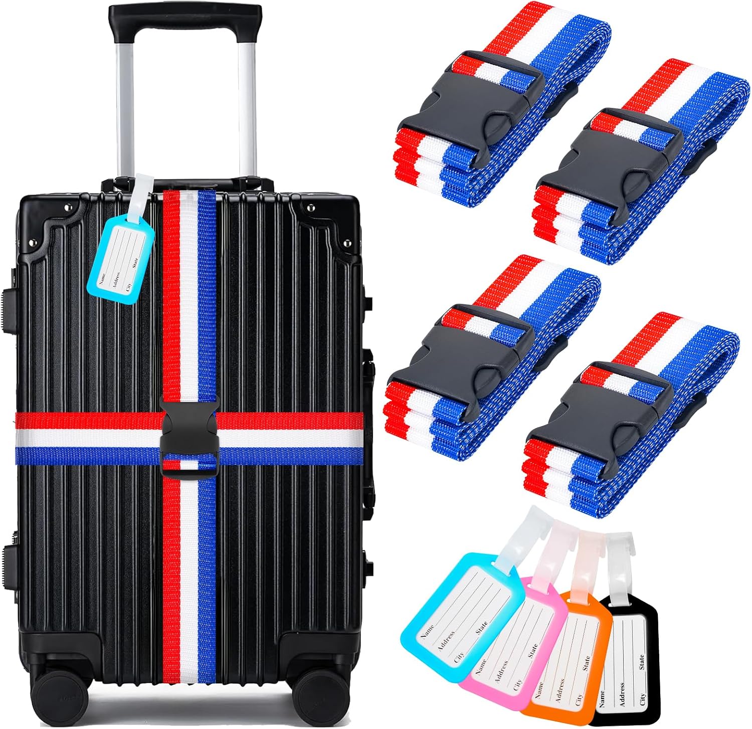 Luggage Straps and Tags Set for Suitcase, 4 Vibrant Color Straps and 4 Tags | Protect Suitcases, Vibrant Color-Block Identity, Instantly Spot Suitcase, Blue-red-white