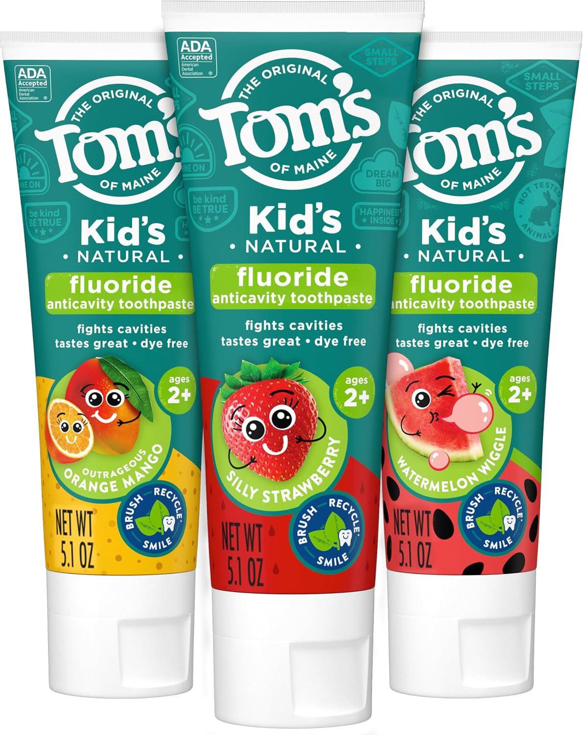 Tom’s of Maine Anticavity Kids Natural Toothpaste Variety Pack, Strawberry, Orange Mango, Watermelon Flavors, Kids Toothpaste with Fluoride, Safe for Ages 2 and Up, 5.1 oz (Pack of 3)