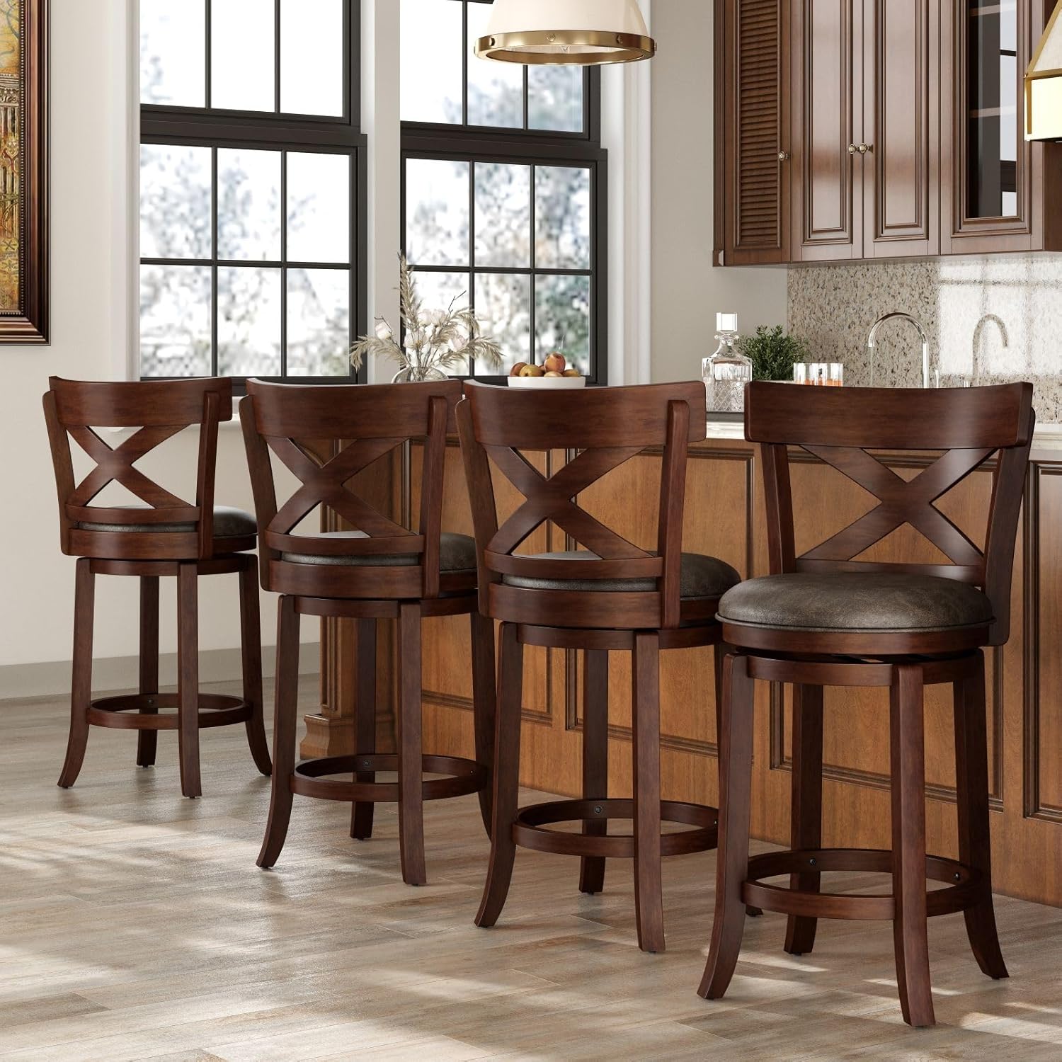 Sophia & William Swivel Bar Stools Set of 4, 26 Inch Counter Height Barstools with Cross Back & Solid Wood Legs, Faux Leather Bar Chairs for Kitchen Island