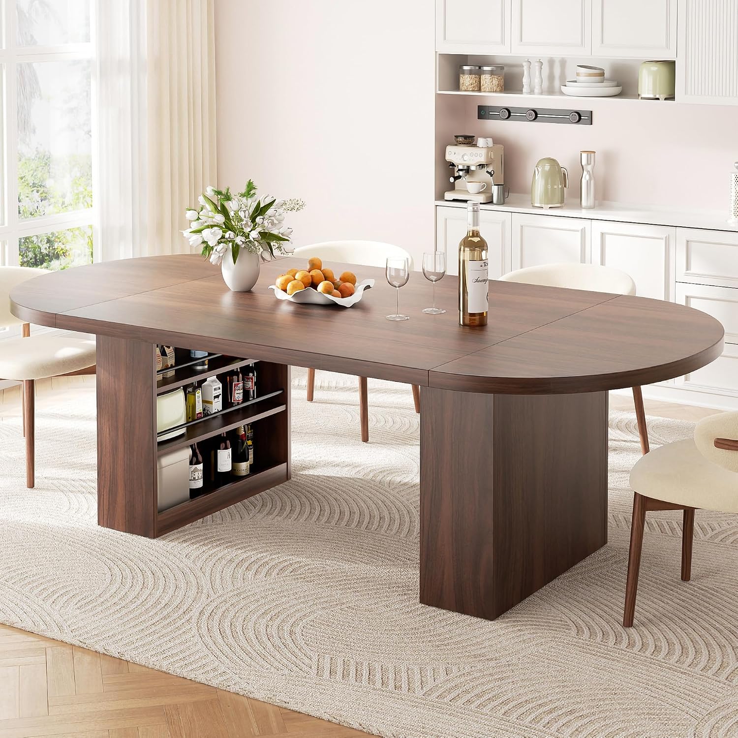 Jocoevol 78.7″ Dining Table for 6-10 People, Oval Dining Room Table with 3-Tier Storage Shelf, Modern Wood Kitchen Tables with Heavy Duty Pedestal Base for Home, Dining Room, Walnut