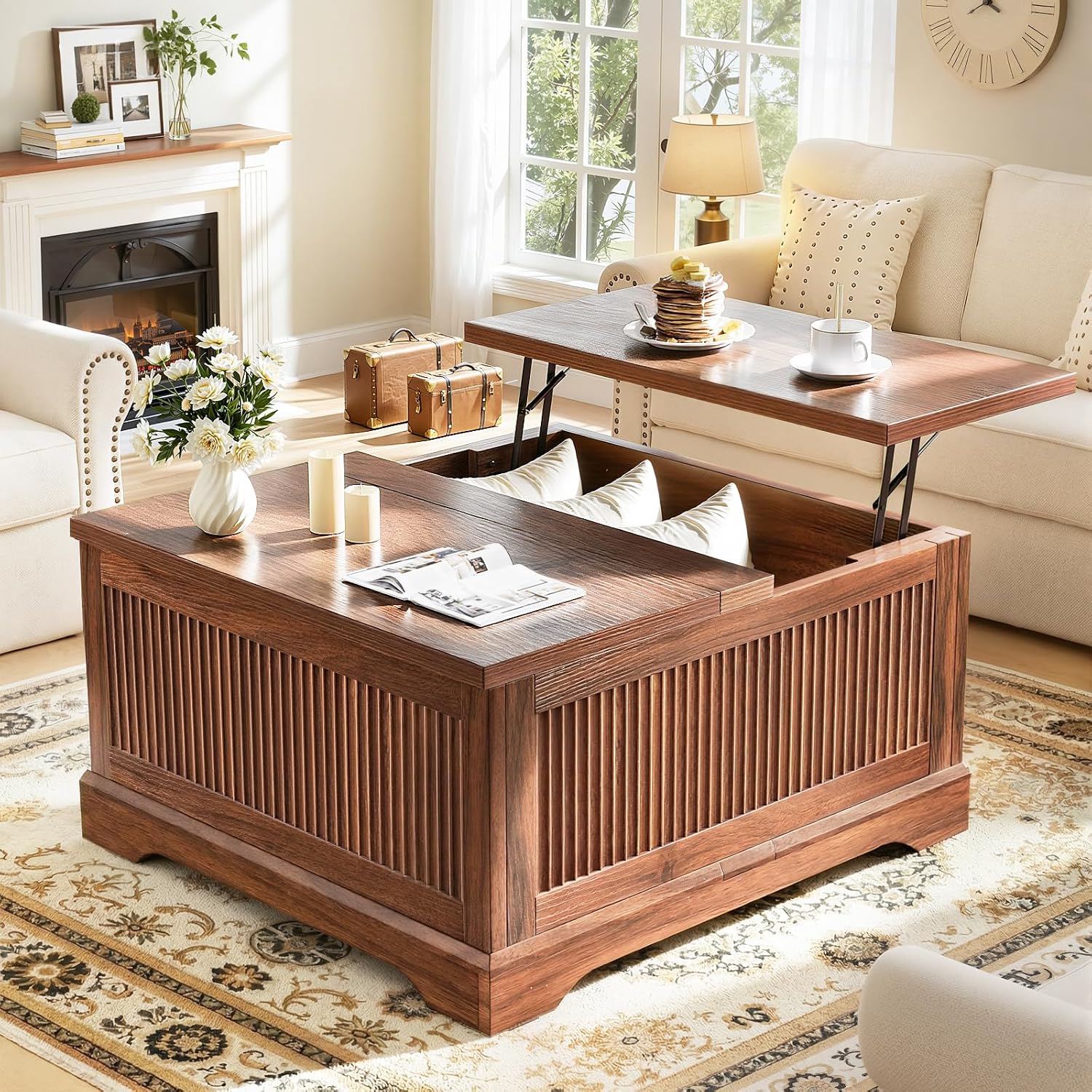 Memobarco Lift Top Coffee Table with Storage, Fluted Coffee Tables with Lifting Top, Modern Farmhouse Square Center Table for Living Room, Home Office, with Hidden Compartment, Flip-Up Lids, Walnut