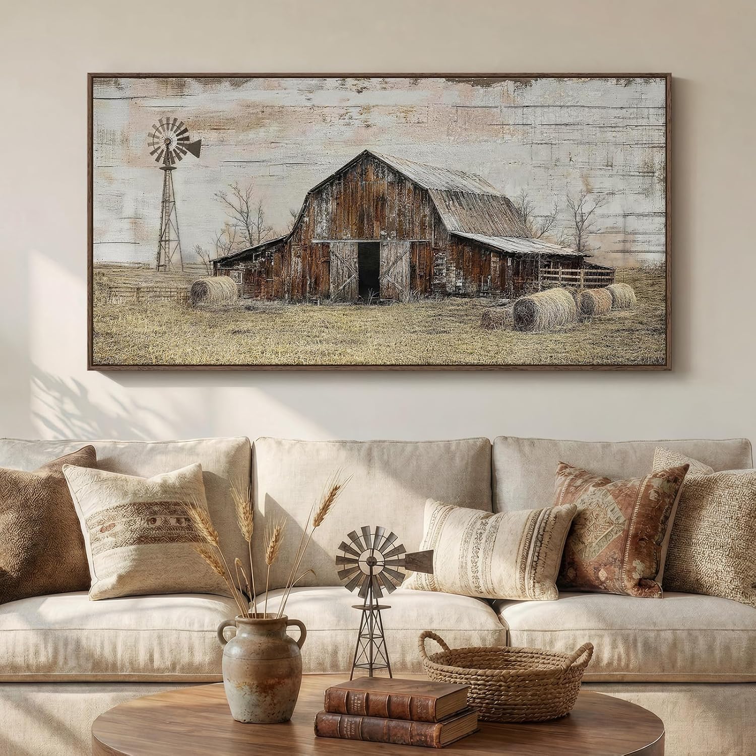Large Framed Farmhouse Wall Art for Living Room, Vintage Rustic Barn Horizontal Canvas Prints, Rustic Country Wall Decor for Bedroom Dining Room Hallway 30×60 Inch