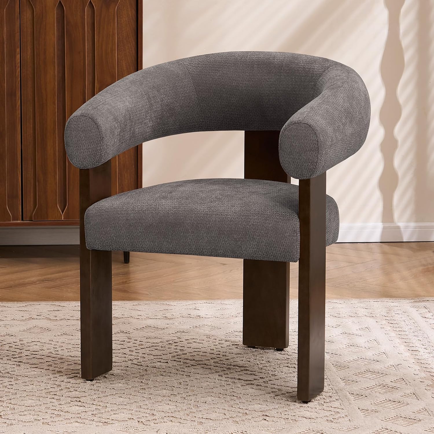 Mid-Century Modern Accent Chairs, Comfy Chenille Upholstered Arm Chair with U-Shaped Backrest & 3 Solid Wood Legs, Minimalist Side Chairs for Living Room, Bedroom, Grey