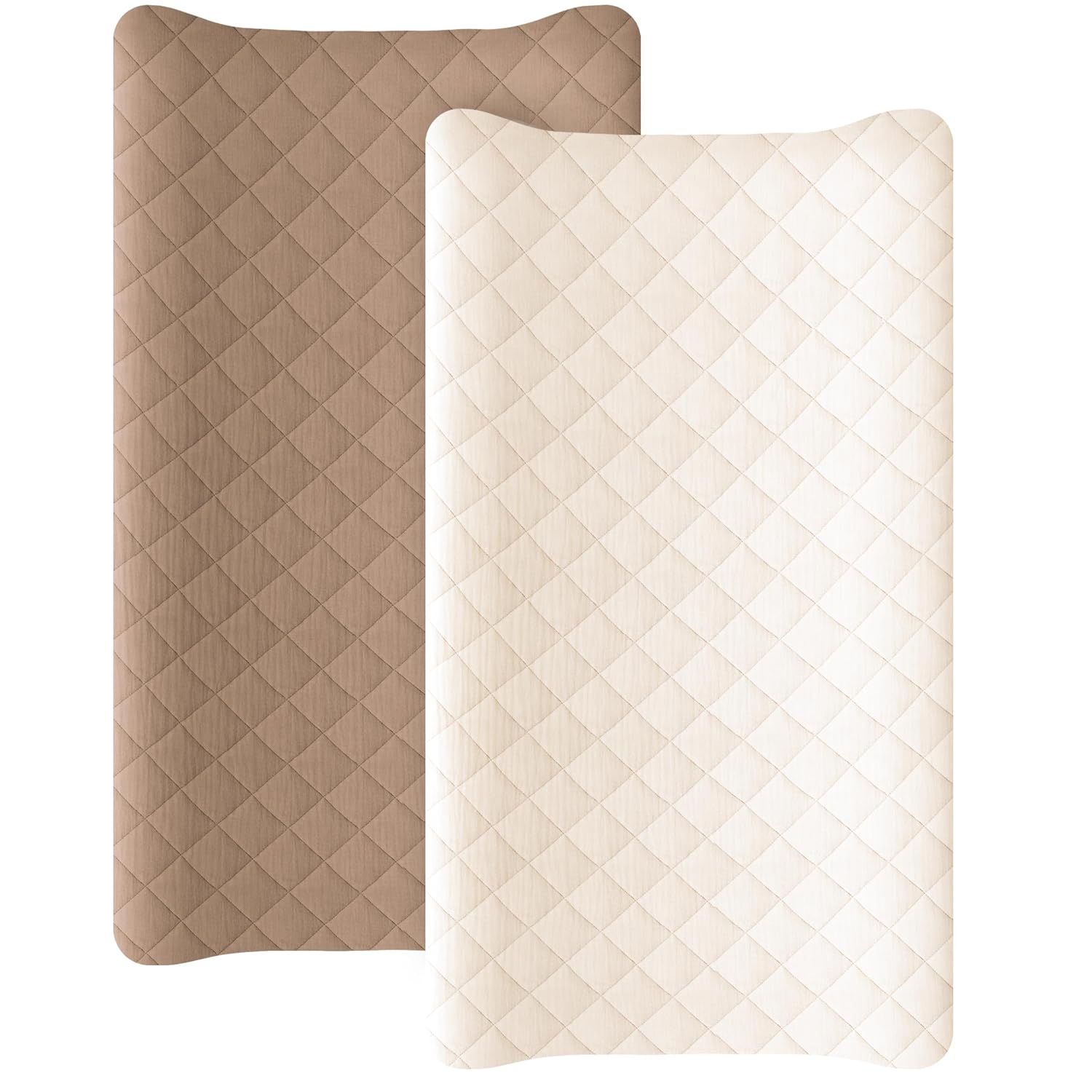 Konssy 2 Pack Quilted Muslin Changing Pad Cover, Waterproof Layer, 32″x16″ | 100% Cotton Surface, Absorbent & Soft, Fitted Changing Table Sheets, Full Elastic Fit, for Baby Girls & Boys (Brown, Cream)