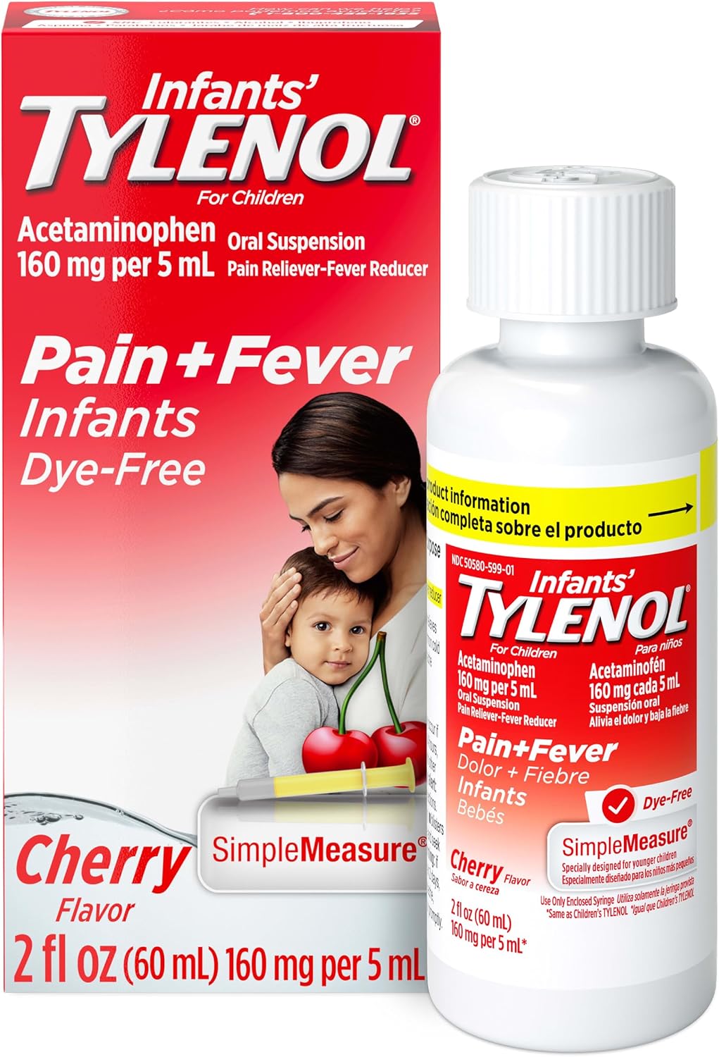 Infants’ Tylenol Dye Free Acetaminophen, Free of Alcohol, Aspirin and Ibuprofen, Oral Suspension, Pain Relief, Fever Reducer, Includes SimpleMeasure Dosing Syringe, Cherry Flavor, 2 Fl Oz