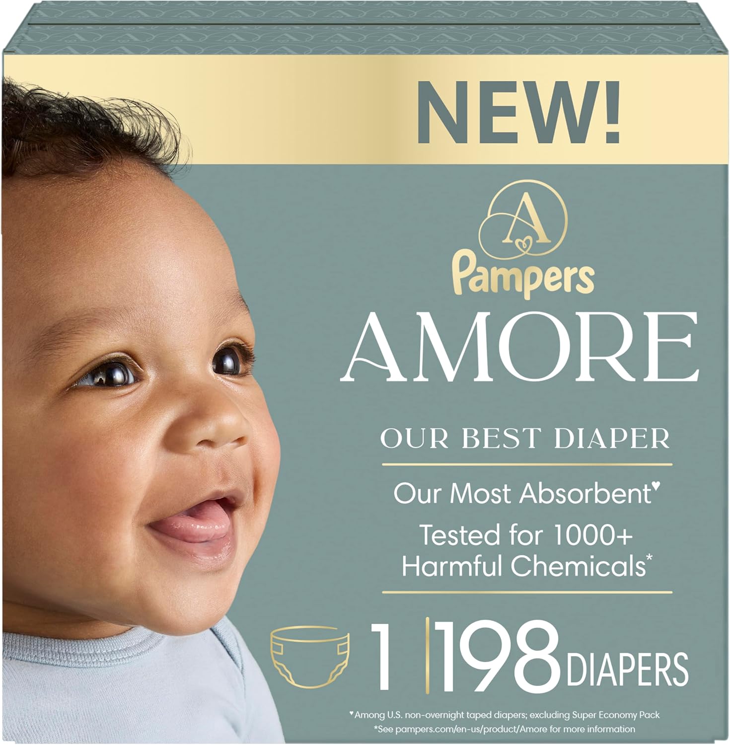 Pampers Amore, Size 1 (8-14 lbs), 198 Count, Our Best Diaper – Hypoallergenic & Fragrance Free, Up to 100% Leakproof, Soft as Cashmere