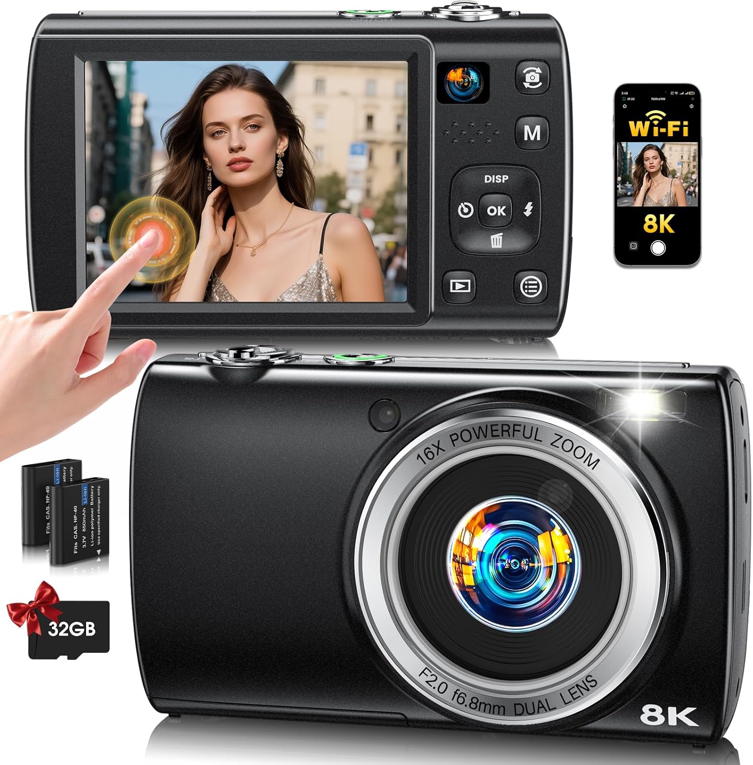 8K Digital Camera for Photography, 2026 Latest WiFi 88MP Vlogging Camera for YouTube with Dual Lens, Touch Screen, Autofocus Anti-Shake, 16X Zoom, Compact Travel Camera, 32GB Card, 2 Batteries, Black