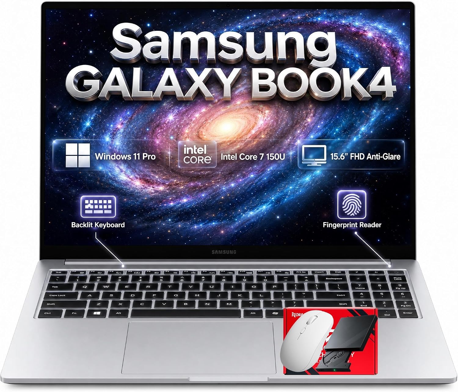 Samsung Galaxy Book4 15.6″ Full HD Business Laptop, Intel Core 7 150U 10-Core Processor, 16GB RAM, 1TB SSD, Windows 11 Pro, Backlit Keyboard, Fingerprint Reader, RJ45 Ethernet, Copilot Key, Silver