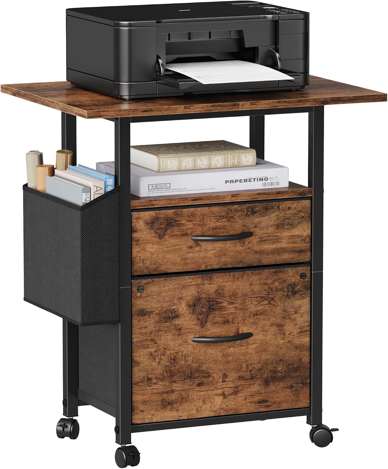 GYIIYUO 2 Drawer File Cabinet with 24” Extended Desktop, Mobile Filing Cabinet, Rolling File Cabinet with Side Bag, Fabric Drawer, Fits A4/Letter Size, Printer Stand Home Office, Light Brown