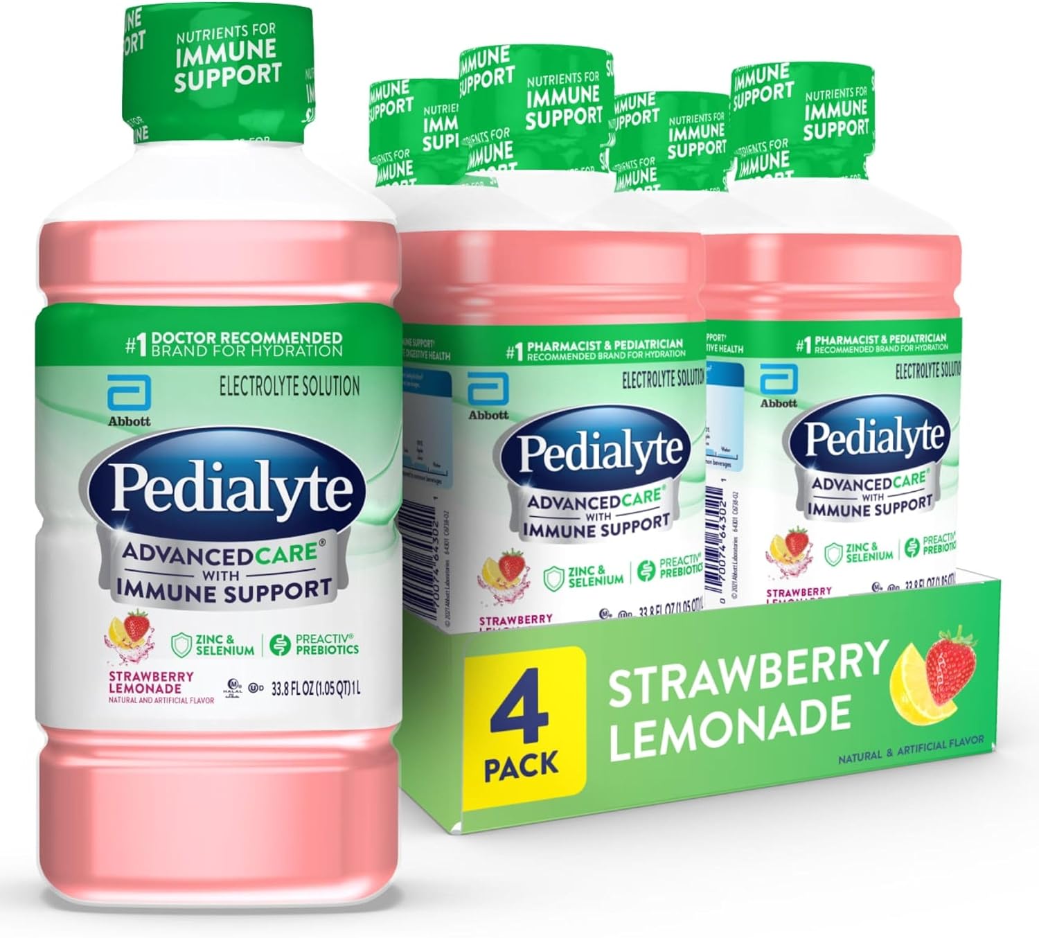 Pedialyte AdvancedCare Electrolyte Solution Has PreActivPrebiotics | Hydration Drink | Strawberry Lemonade, 1 Liter, Pack of 4