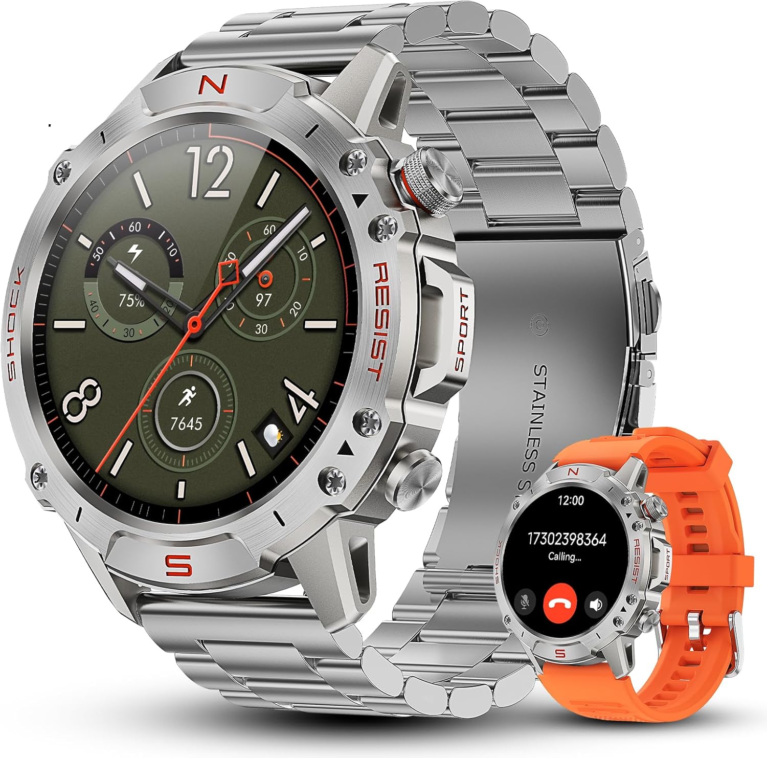WalkerFit Silver Smart Watch for Men, Stainless Steel Band, 1.43″ AMOLED Round Smartwatch, 5ATM Waterproof for Swim Run Hike Cycle, 170+ Sports Modes, Heart Rate SpO2, Sport Watch for iPhone Android