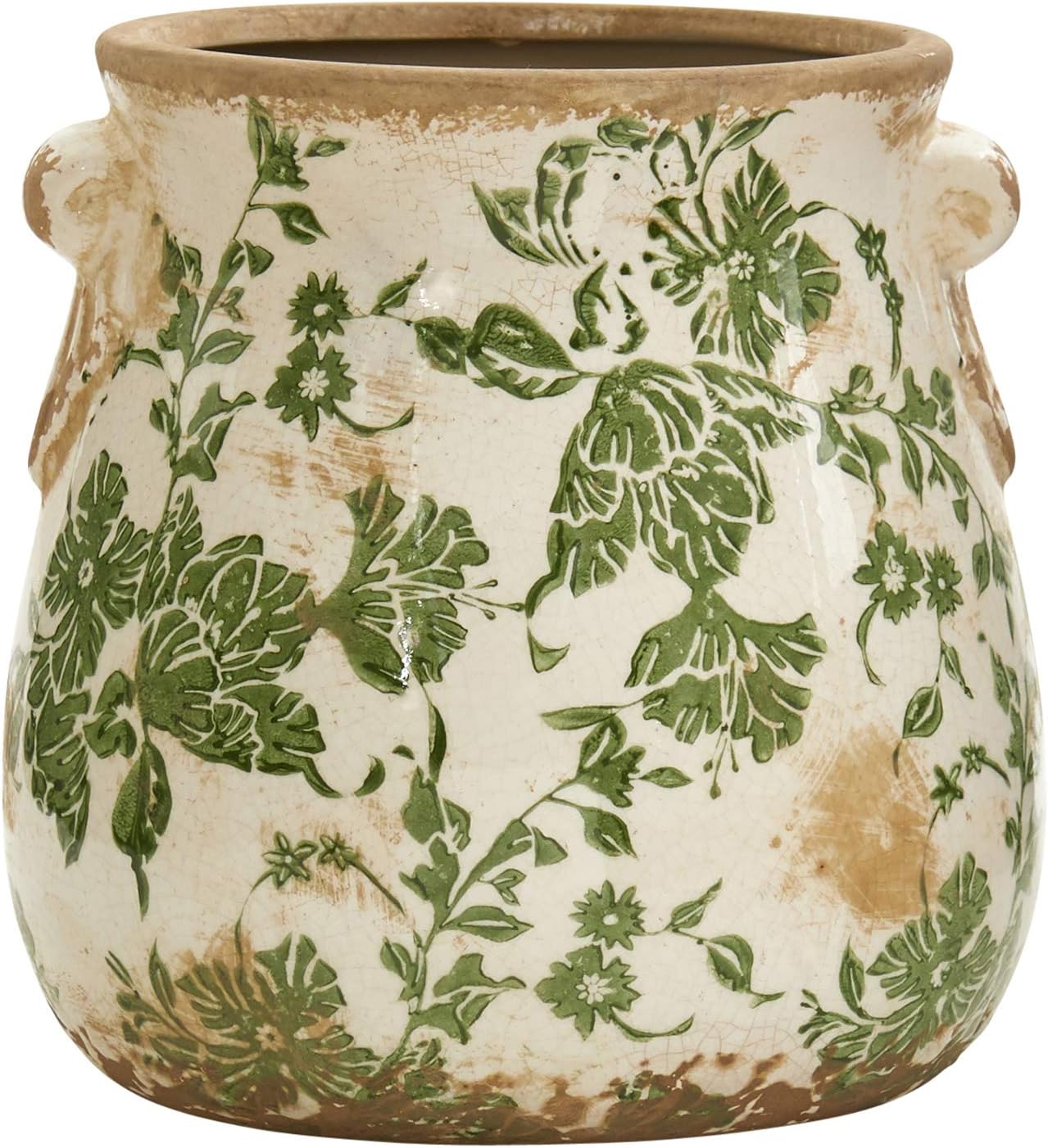 Nearly Natural 6.5in Ceramic Decorative Vase Tuscan Style Green Floral Scroll Design for Indoor Home Decor Centerpieces Tables Small Flower Vases