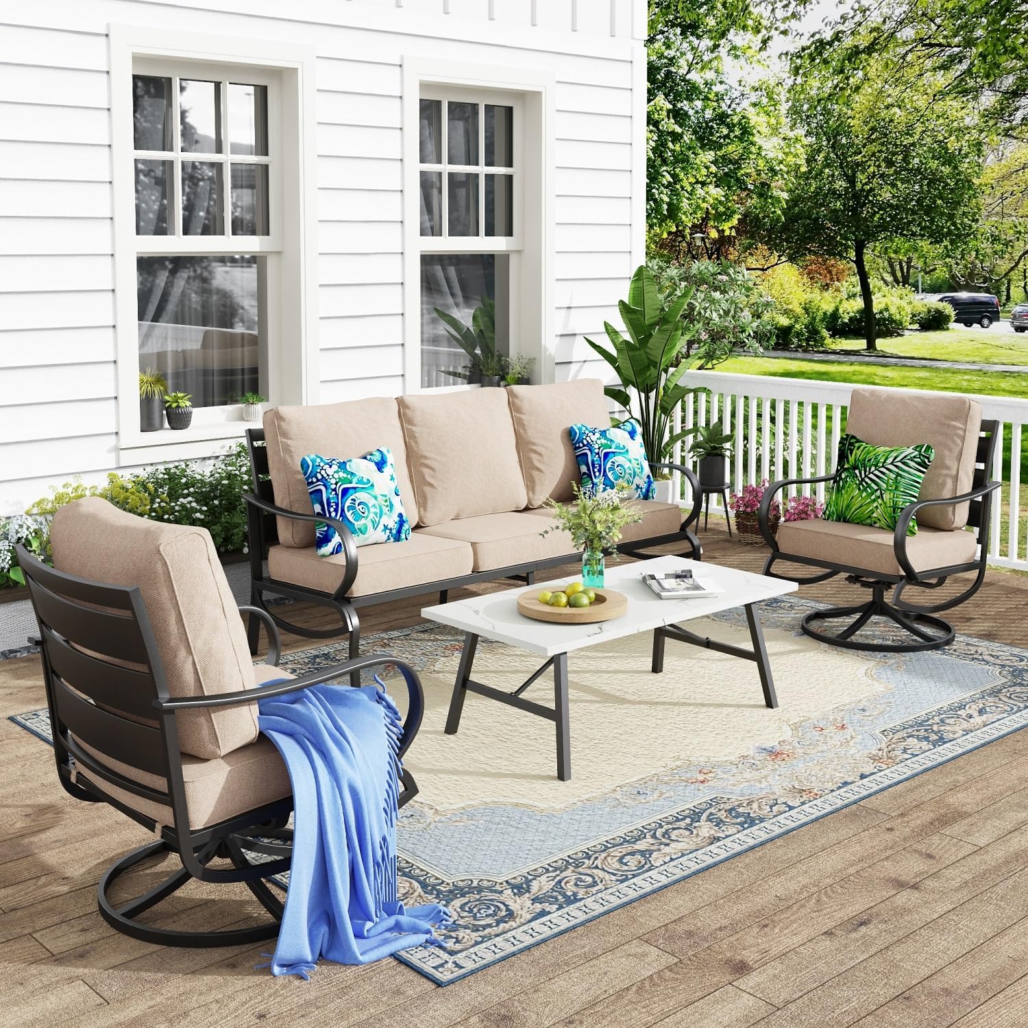 MFSTUDIO 4 Pieces Patio Conversation Sets(5 Seat),Outdoor Metal Furniture Sofas with 1 Loveseat(3 Seat), 2 Swivel Chairs,1 Coffee Table,Wrought Iron with Beige Cushion for Patio Courtyard Balcony