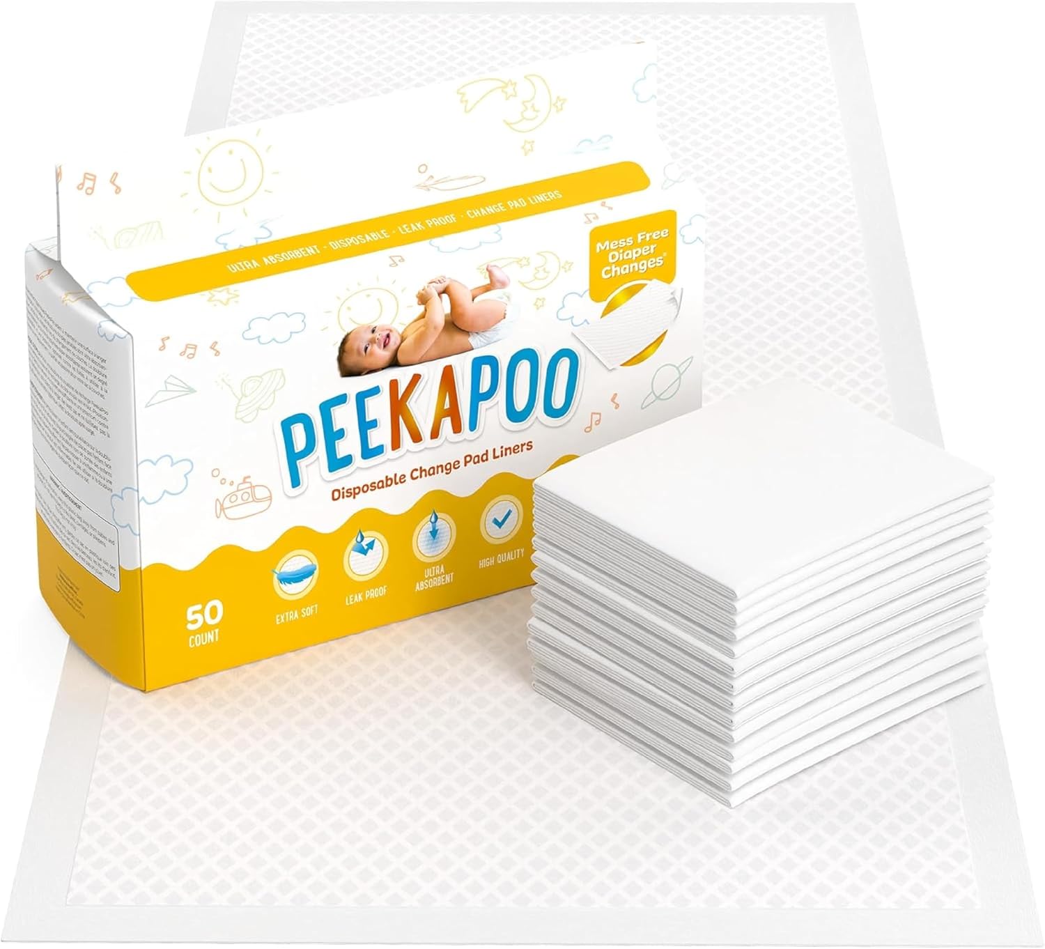 Peekapoo – The Original Disposable Baby Changing Pad Liners – 50 Pack | Super Soft, Waterproof, Ultra Absorbent | Portable, Travel-Friendly, Mess-Free Diaper Changes Anywhere | Super Soft, Waterproof, Ultra Absorbent, Fragrance-Free, No Dyes, 24 x 18 Inch, Portable, Travel-Friendly, BPA & PFAS Free