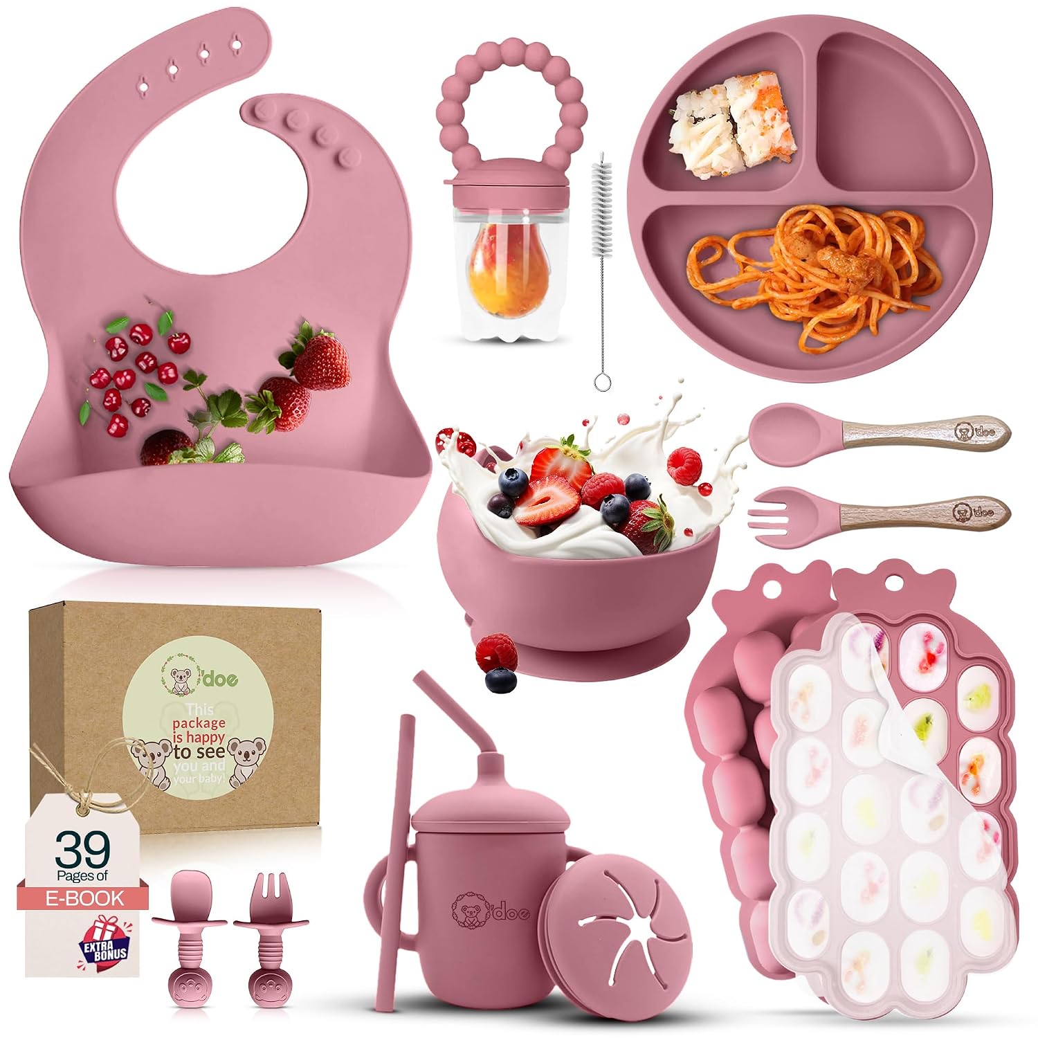 O’doe™ Baby Weaning Set – 15 Pcs Silicone Baby Feeding Set with Suction Plate, Bowl, Bib, Sippy Cup, Fruit Feeder & Freezer Tray | Baby Plates and Bowls Set for 3M+ | BPA-Free Baby Dishes & Utensils