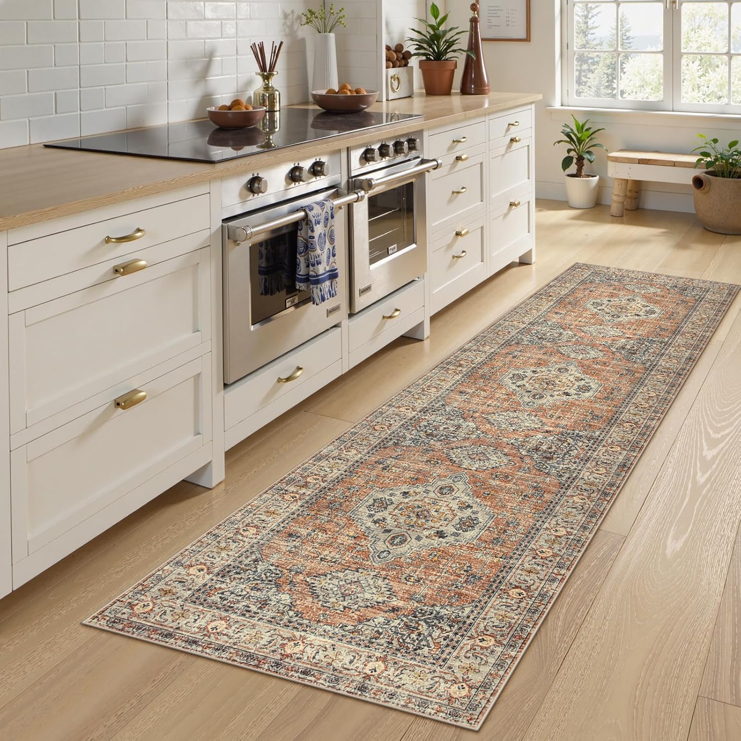 Lahome Oriental Washable Kitchen Runner Rug Non Slip, 2×8 Bathroom Runners for Hallways with Rubber Backing, Vintage Soft Long Carpet for Laundry Bedroom Eleanor, Peach/Orange