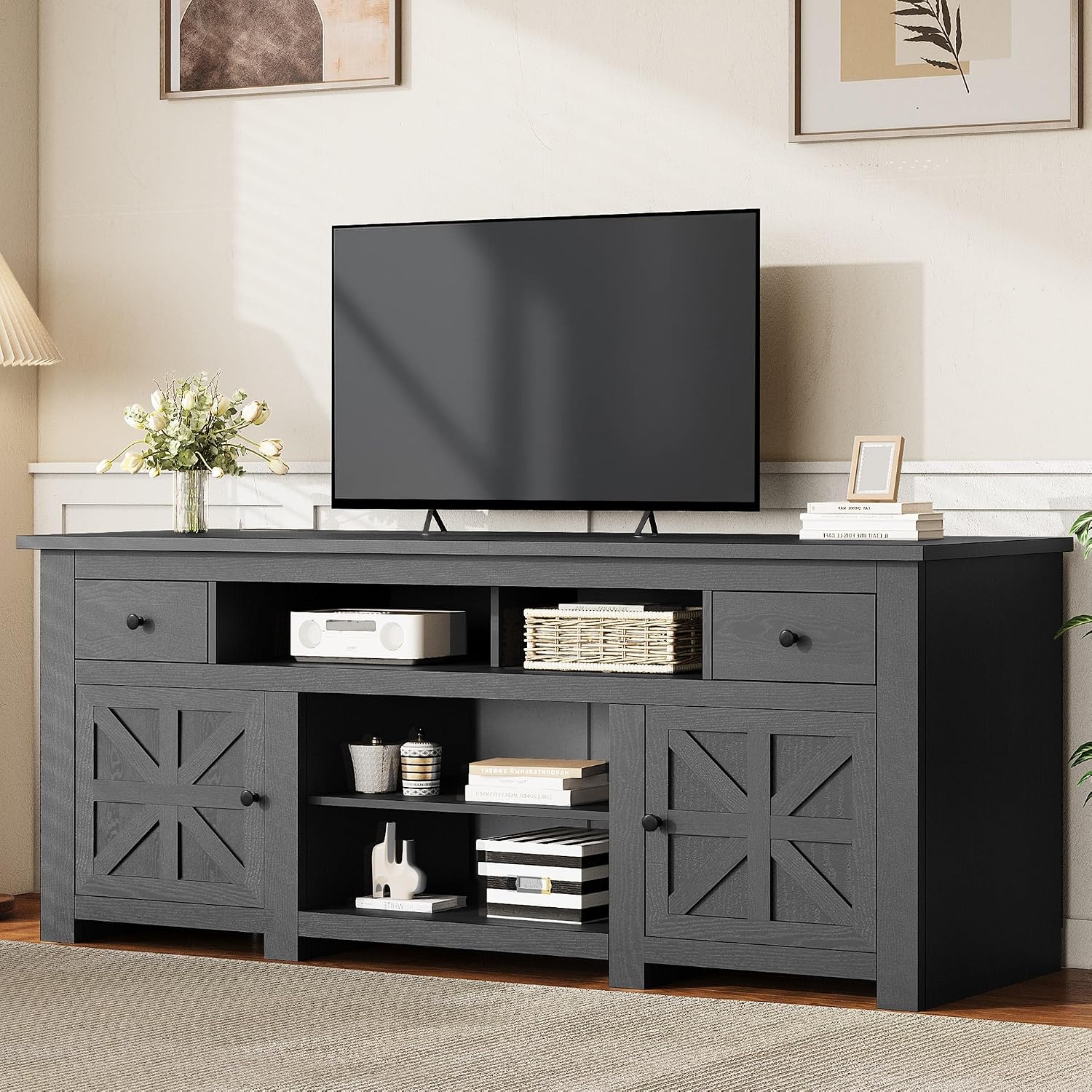 YITAHOME Farmhouse TV Stand with Power Outlet for 80 Inch TVs, Black | 70" Entertainment Center with Drawers, Adjustable Shelves and Storage Cabinets, Stable Anti-Tip Media Console for Living Room