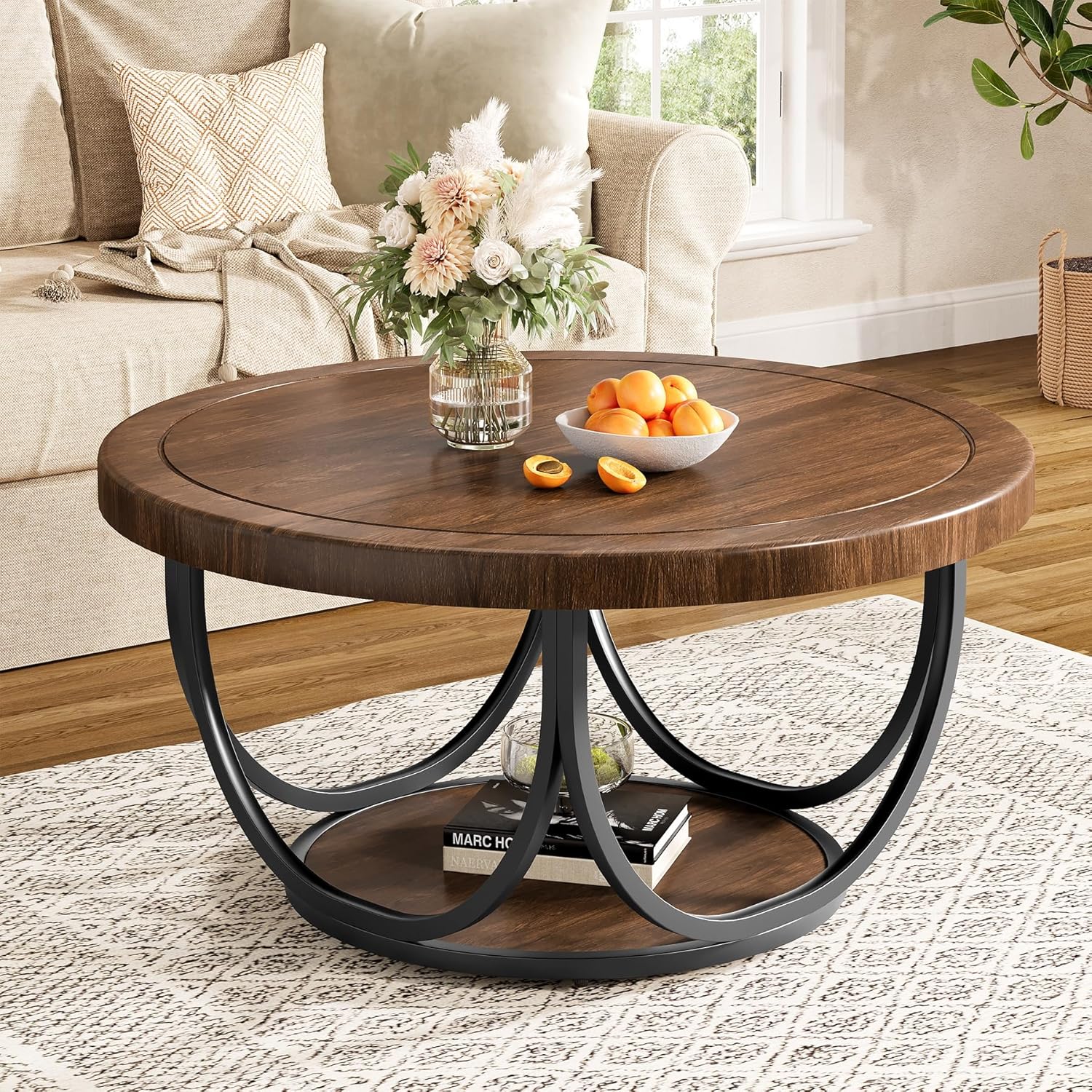 Tribesigns Round Coffee Table with 2 Tiers, 31.5″ Wooden Circle Accent Cocktail Table with Storage Shelf and Metal Frame, Industrial Center Tables for Living Room, Brown & Black