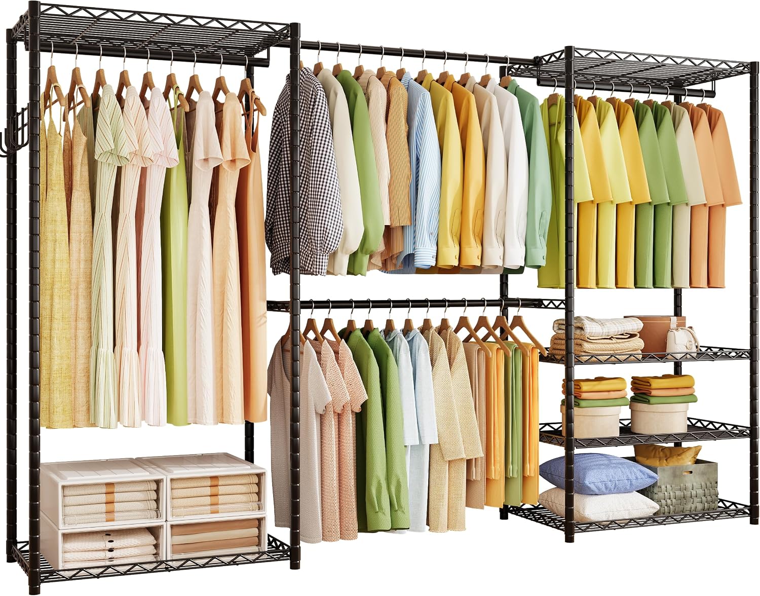 ecobedding Heavy Duty Garment Rack, 900LBS Max Load Freestanding Closet Organizer with 6 Storage Shelves & 3 Adjustable Hanging Rods, Multifunctional (Black, 15.75″ D x (69.7~88.2)” W x 79.5″ H)