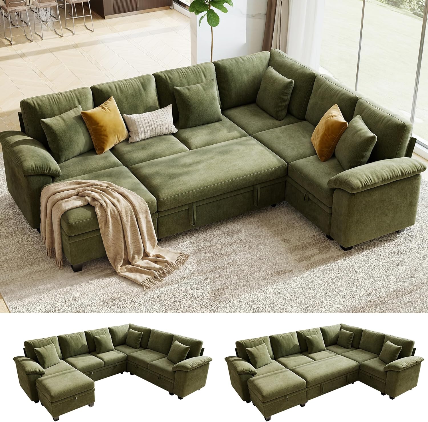 107.8″ Modular Sectional Sleeper Sofa with Pull Out Bed, U Shaped 7 Seat Couch with 221L Storage, Convertible Cloud Couch Bed with Ottoman, Sectional Couches for Living Room, Apartment (Green)