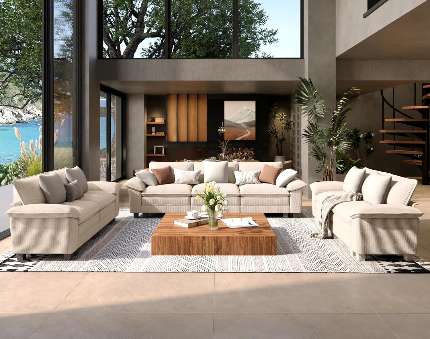 SUNSHINE VALLEY 3 Piece Living Room Sofa Furniture Set, Corduroy Modular 2 Loveseat and 3-Seat Couch with Pillow, Oversized 7-Seat Modern Sectional Cloud Deep Sofa for Apartment, Beige