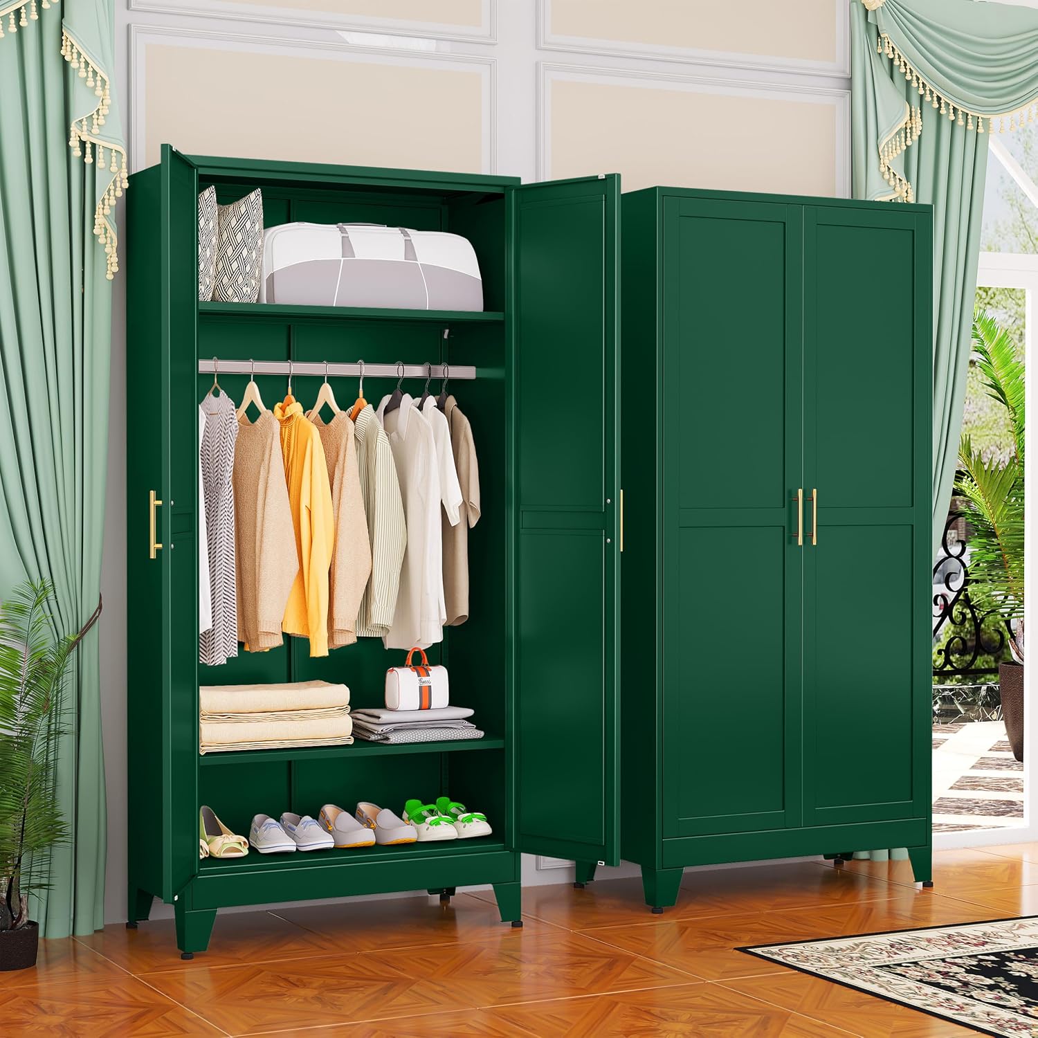 GAIOUS Metal Wardrobe Cabinet with Hanging Rod, Clothing Storage Cabinets | with 2 Doors and Adjustable Shelves, 71″ Metal Green Armoire Wardrobe Closet for Bedroom, Laundry Room, Cloak Room