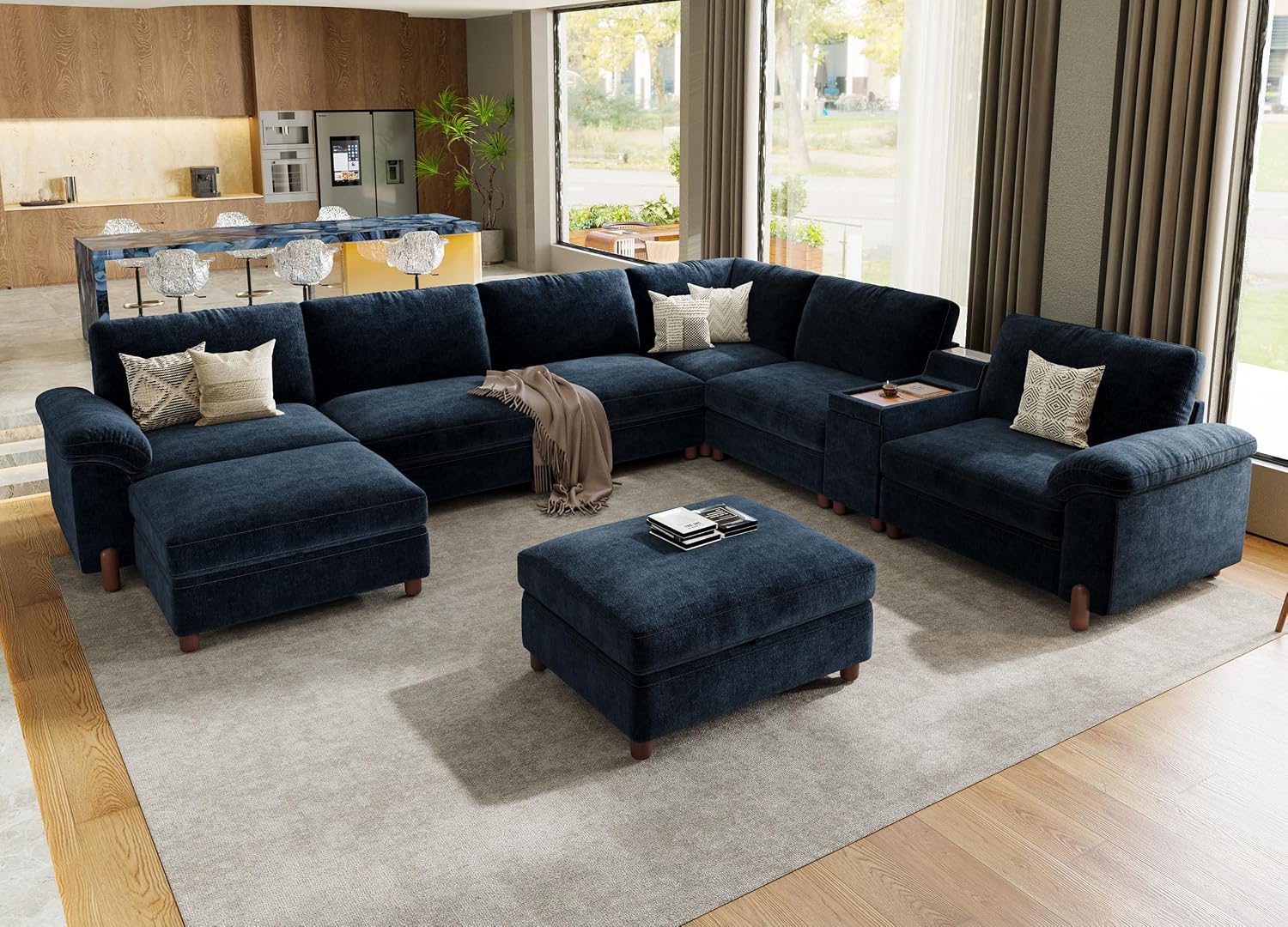 SITJOY Cloud Couch Sectional, 6 Seater with Console, Chenille in Navy Blue | Detachable and Washable Cover, Sectional Sofas for Living Room, Deep Seat Wide Couch with Chaise, Storage Ottoman