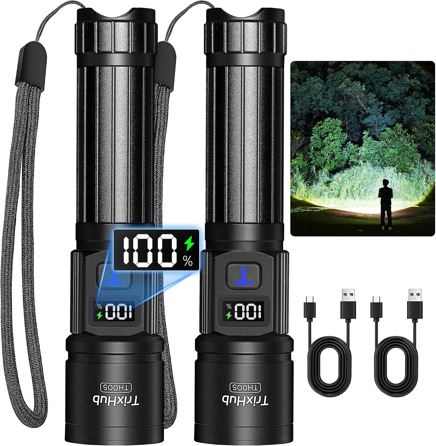 TrixHub Rechargeable Flashlights 2 Pack, Super Bright High Lumens Flash Light, 5 Modes Zoomable Linternas with LCD Digital Display, Powerful Handheld LED Flashlights for Home Emergencies Camping
