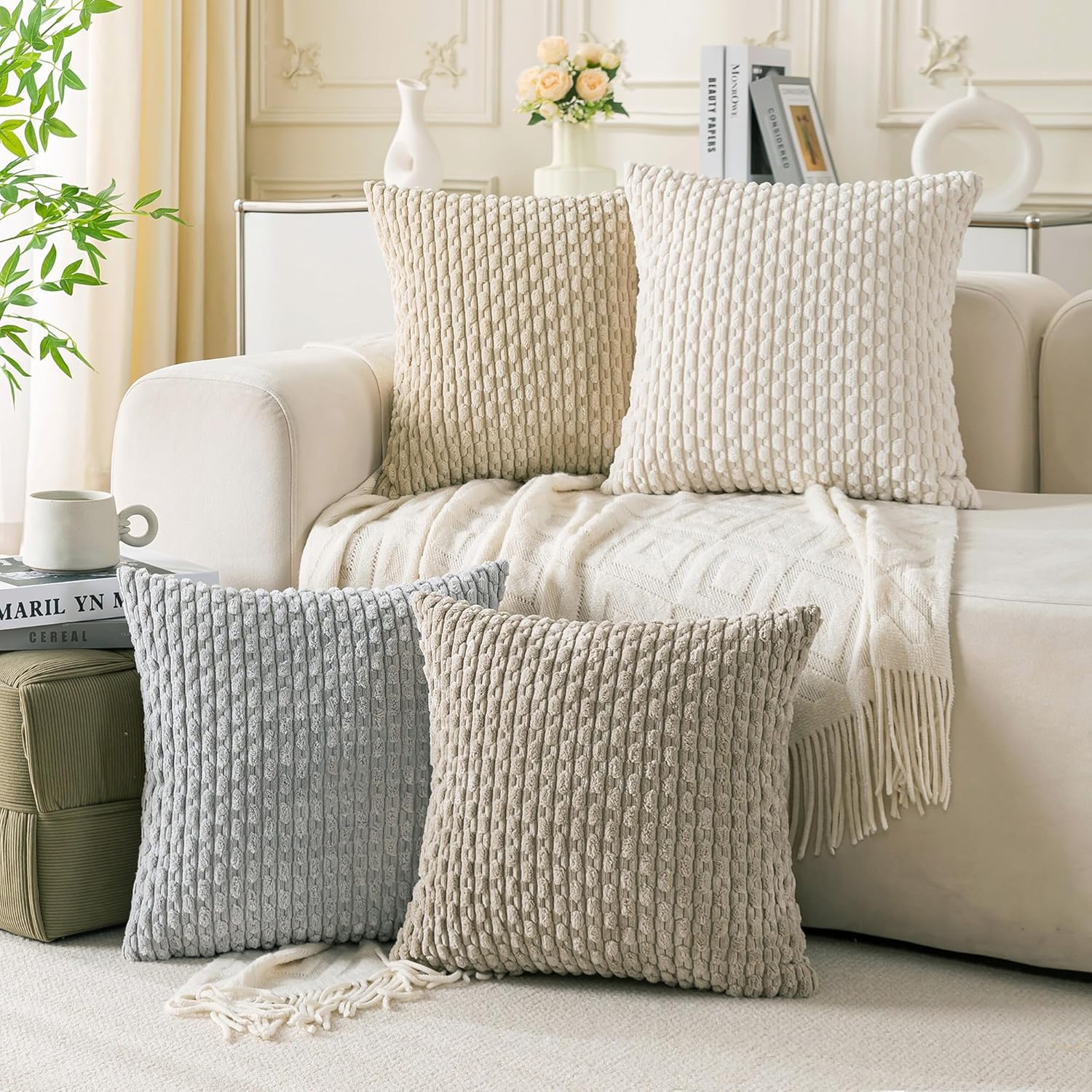 Set of 4 Neutral Decorative Throw Pillow Covers 18×18 Inch Corduroy Pillow Covers for Bed Couch Sofa Living Room Soft Square Cushion Cases