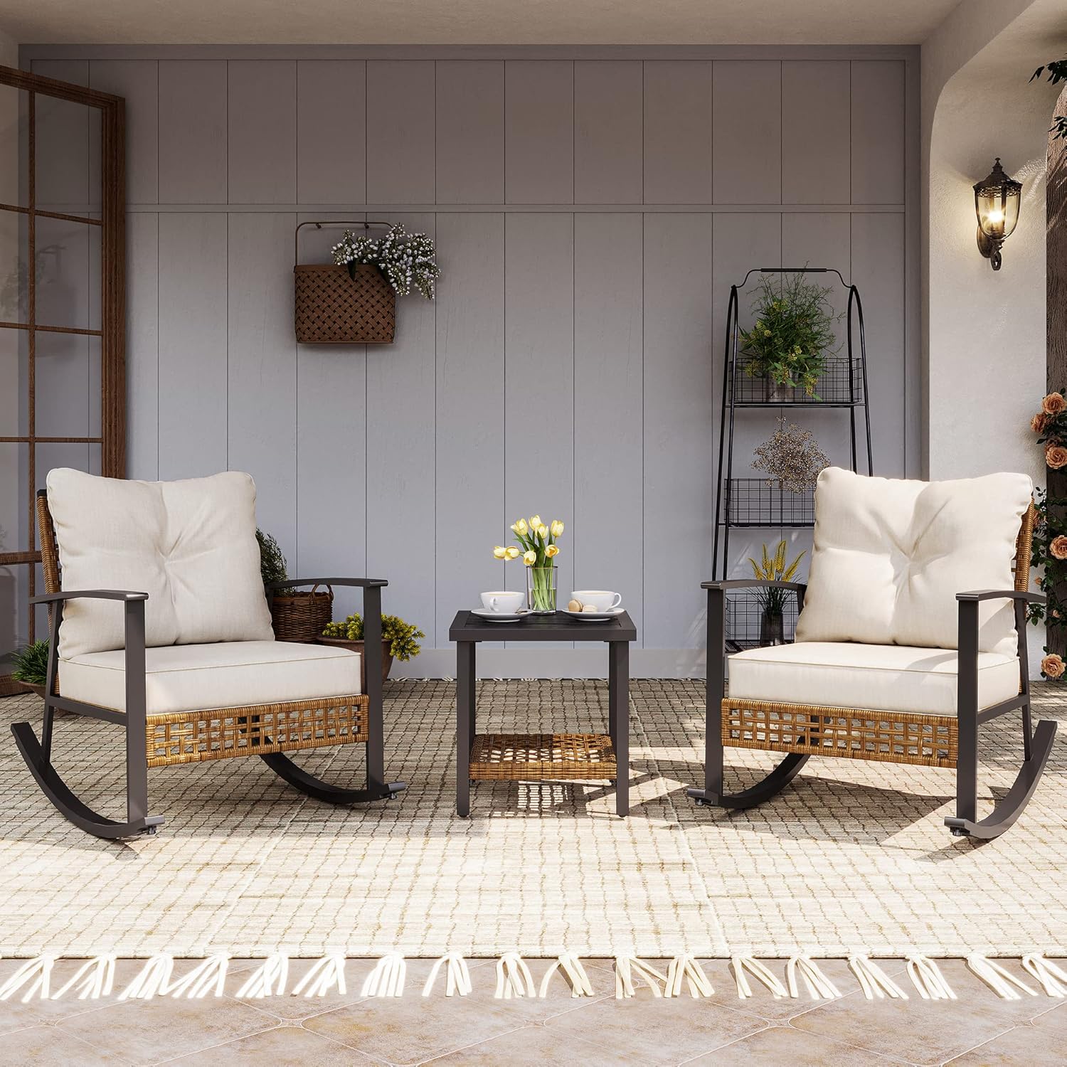 LAUSAINT HOME 3-Piece Rocking Bistro Set, Outdoor Patio Furniture with Thick Cushions and 2-Tier Coffee Table, Oversize Rattan Conversation Set for Garden, Balcony, Backyard (Beige)