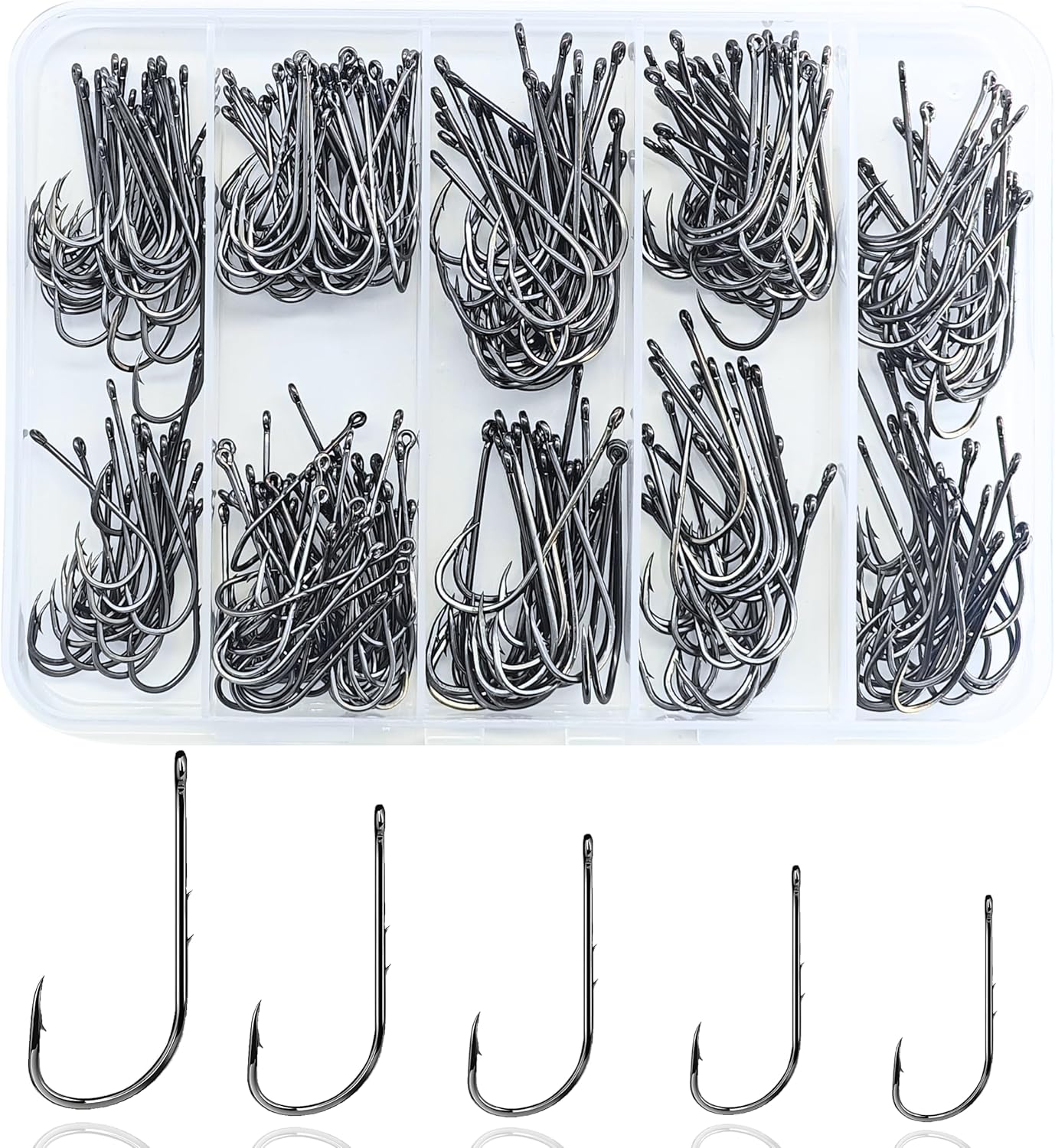 300pcs Fishing Hooks Set, Baitholder Hooks for Live Bait, Double Barb Long Shank Fish Hooks with Offset Point, High Carbon Steel Hooks for Crappie, Trout, Bass, Catfish, Panfish Size 1/0 1# 2# 3# 4#