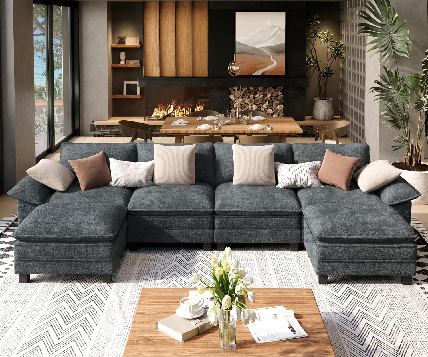 SUNSHINE VALLEY U Shaped Modular Cloud Couch, 157.5” Oversized Chenille Sectional Sofa with Wider Armrest and Ottoman, Upholstered 6-Seat Modern Deep Seat for Bedroom Living Room, Cyan
