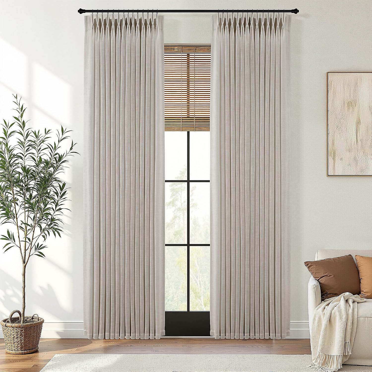 Pinch Pleated Linen Curtains 84 Inches Long 2 Panels for Living Room Bedroom Light Filtering Curtain Memory Shape Trained Pinch Pleat Thick Linen Drapes Back Tab with Hooks Clip Rings Taupe