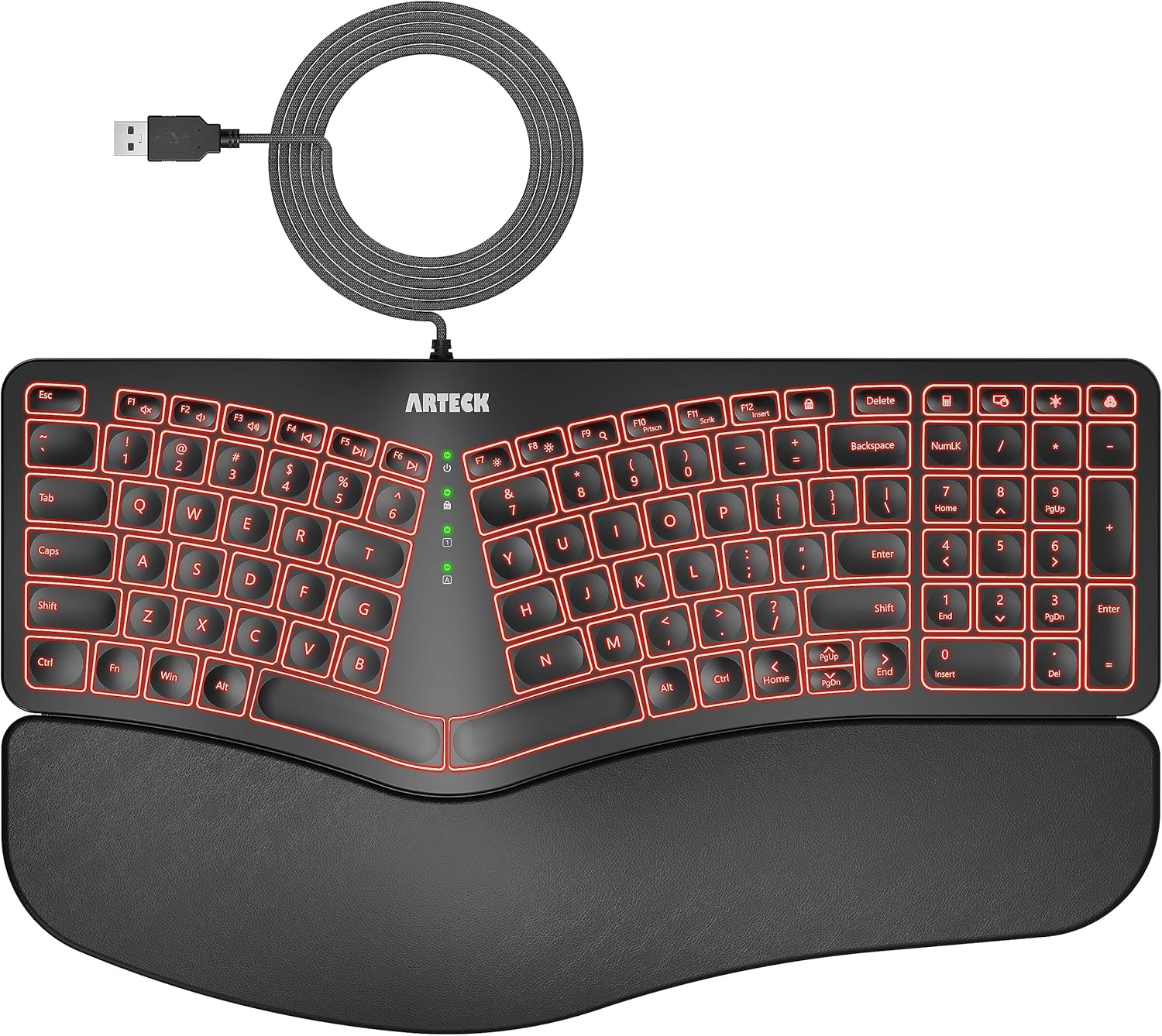 Arteck Ergonomic USB Wired Keyboard with Cushioned Wrist & Palm Rest, Backlit 7 Colors & Adjustable Brightness Comfortable Natural Split Keyboard with 6 Feet Wire for Windows Computer Desktop Laptop