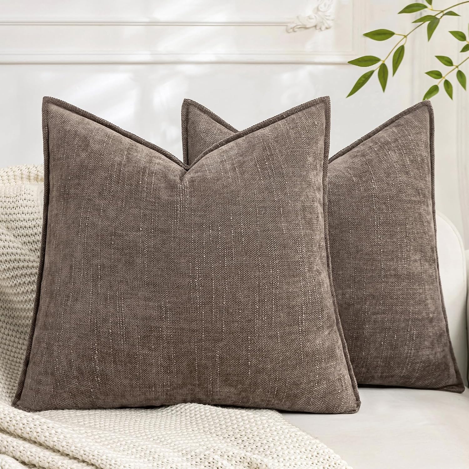 Set of 2 Soft Textured Decorative Throw Pillow Covers 18×18 Inch Cozy Farmhouse Cushion Cover Square Accent Pillow Cases for Bed Couch Sofa Living Room, Taupe Grey