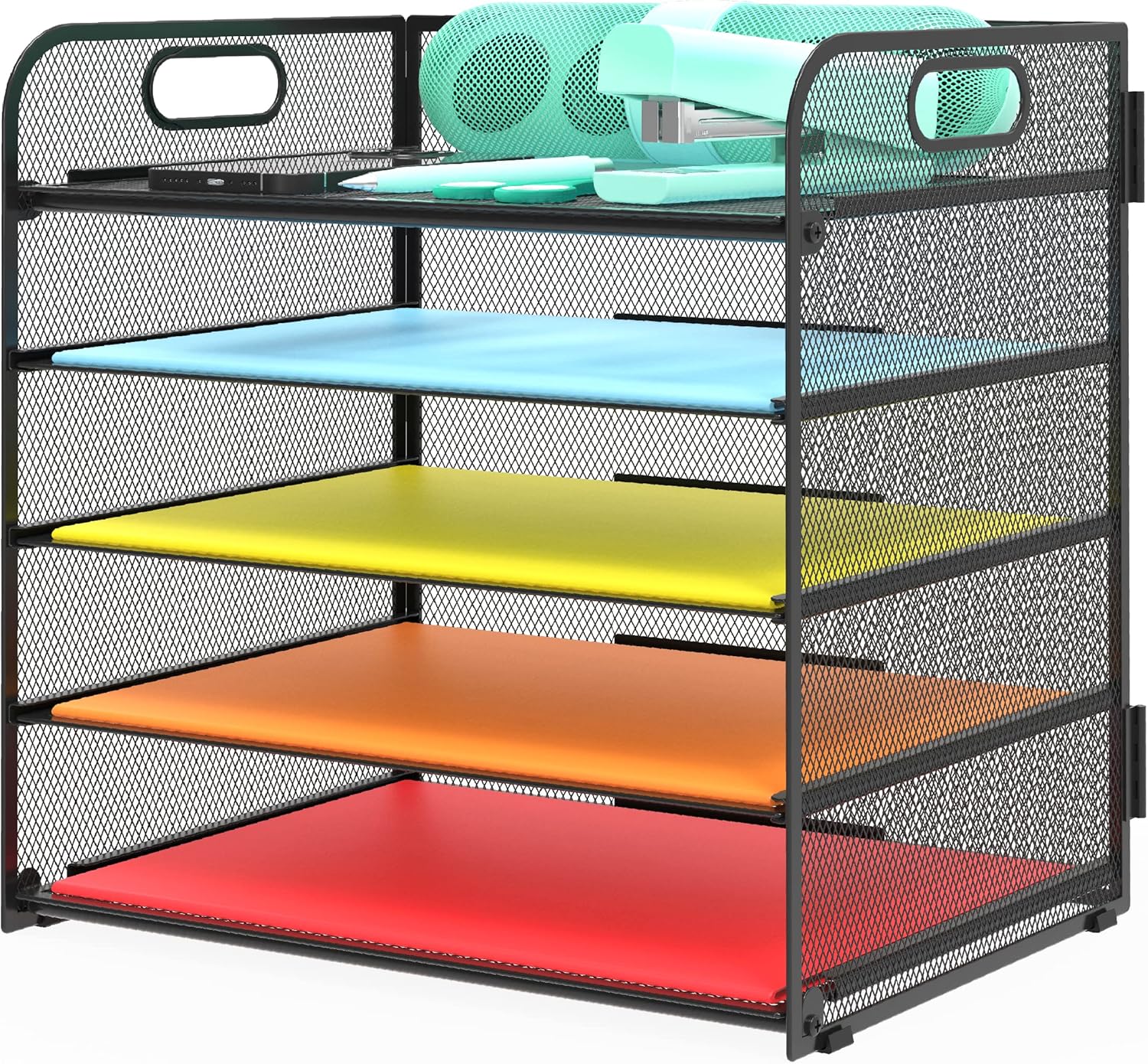 Letter Tray Paper Organizer 5-Tier Desk Organizer File Organizer Paper Holder with Handle, Metal Desktop Document Shelf Tray Office Classroom Organization – Black