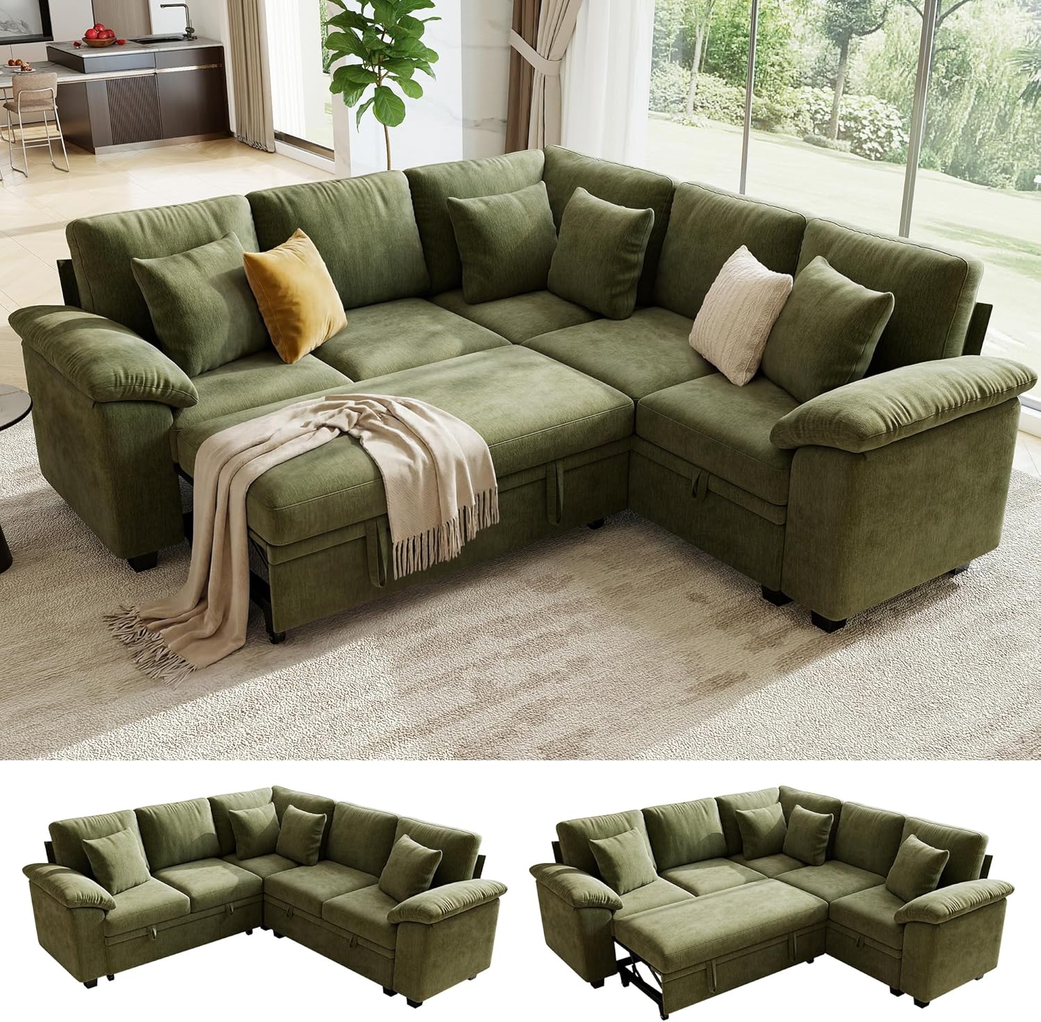 86″ Modular Sectional Sleeper Sofa with Pull Out Bed, L Shaped 5 Seat Couch with 151L Storage, Convertible Cloud Couch Bed, Sectional Couches for Living Room, Apartment (Green)