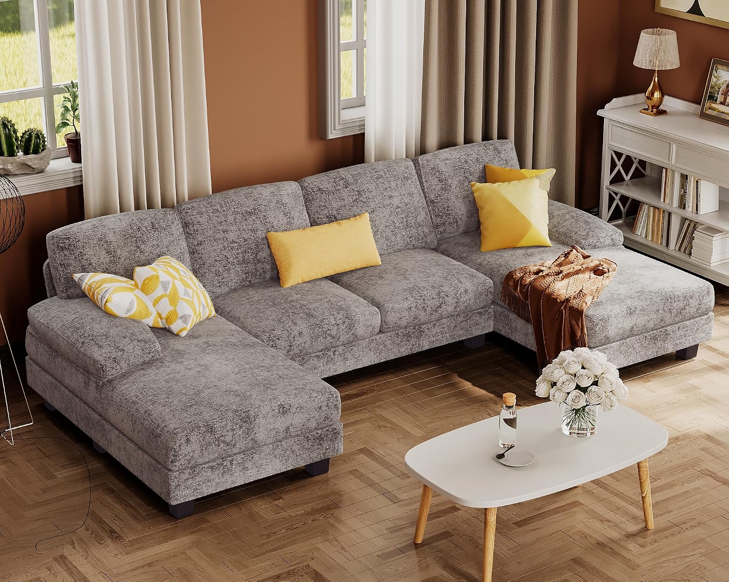 Furmax Sectional Couches for Living Room, U-Shaped Sofa Couch with Linen Fabric, 4 Seat Sofa Set with Double Chaise for Apartment (Chenille, Grey)