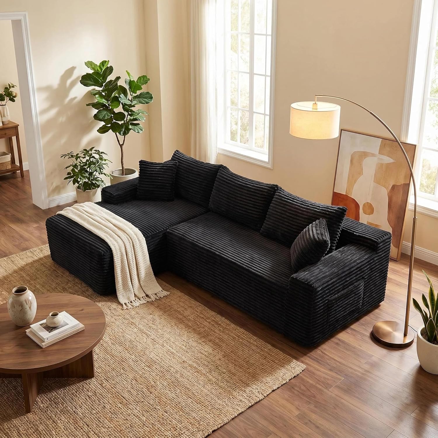 95″ L-Shaped Cloud Sectional Couch, Left Facing Modular Compressed Boneless Sectional Sofa with Chaise Lounge, Plush Corduroy Boneless Corner Sofa for Living Room