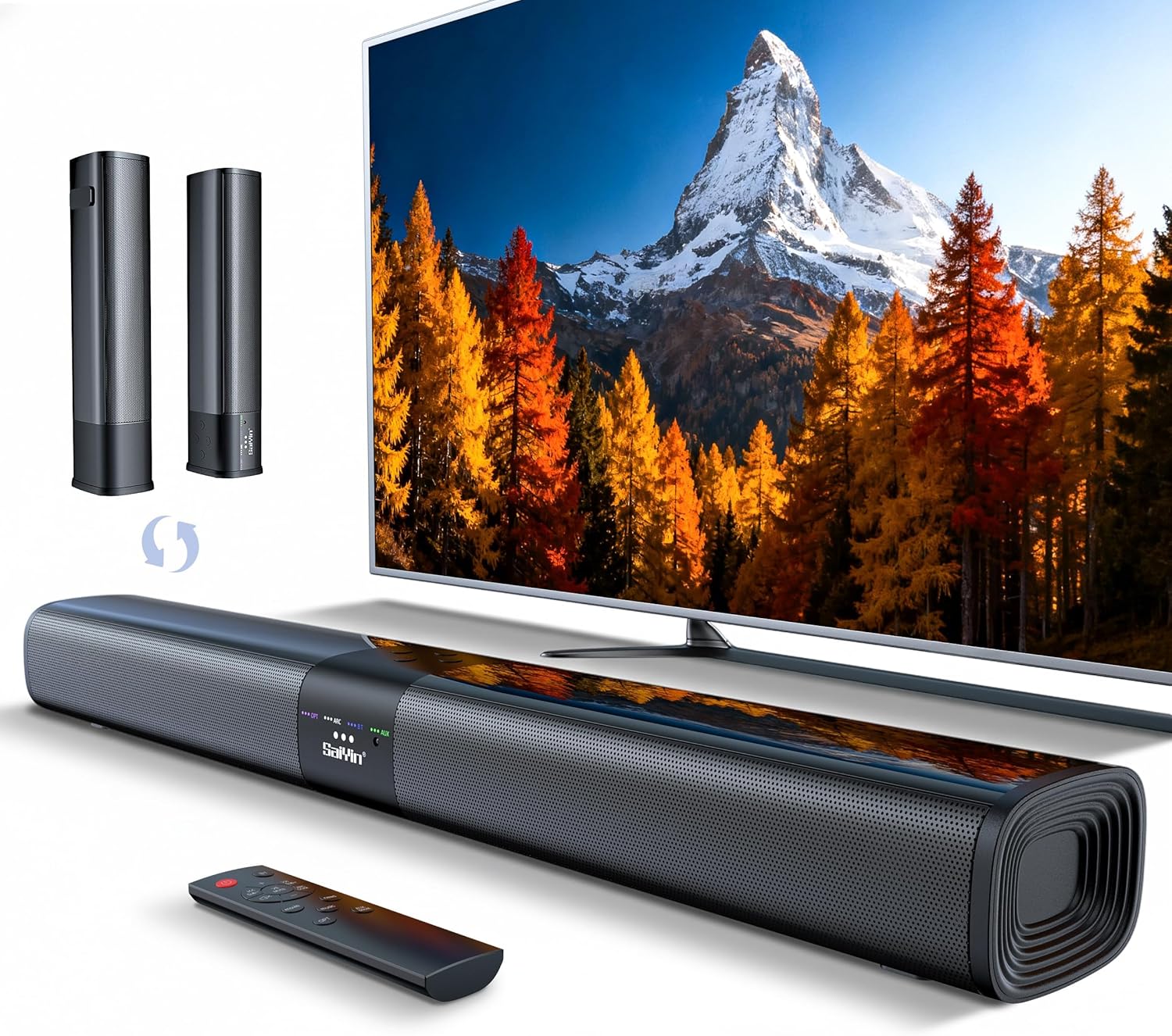 Saiyin 24″ Sound Bar, Center-Channel Surround Soundbar System for Smart TV | Detachable Design, Supports TV-ARC/Optical, AUX/Bluetooth 5.3 Input, Compatible with Fire TV Remote, Wall-mountable