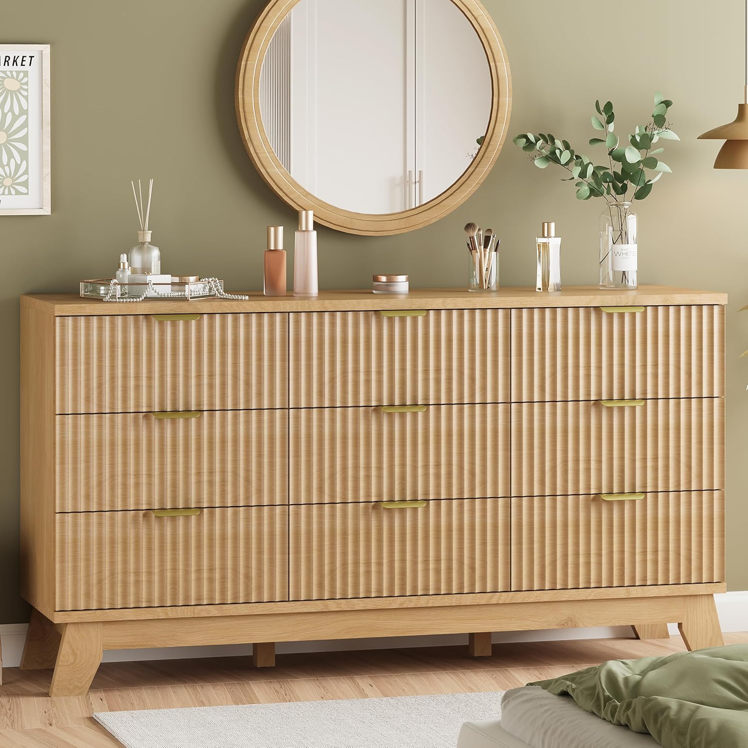 Fluted Dresser for Bedroom with 9 Drawers, 57″ Wide Modern Chest of Drawers with Metal Handle, Wooden Dresser TV Stand, Wood Closet Clothes Storage Organizer for Living Room, Hallway, Natural Oak
