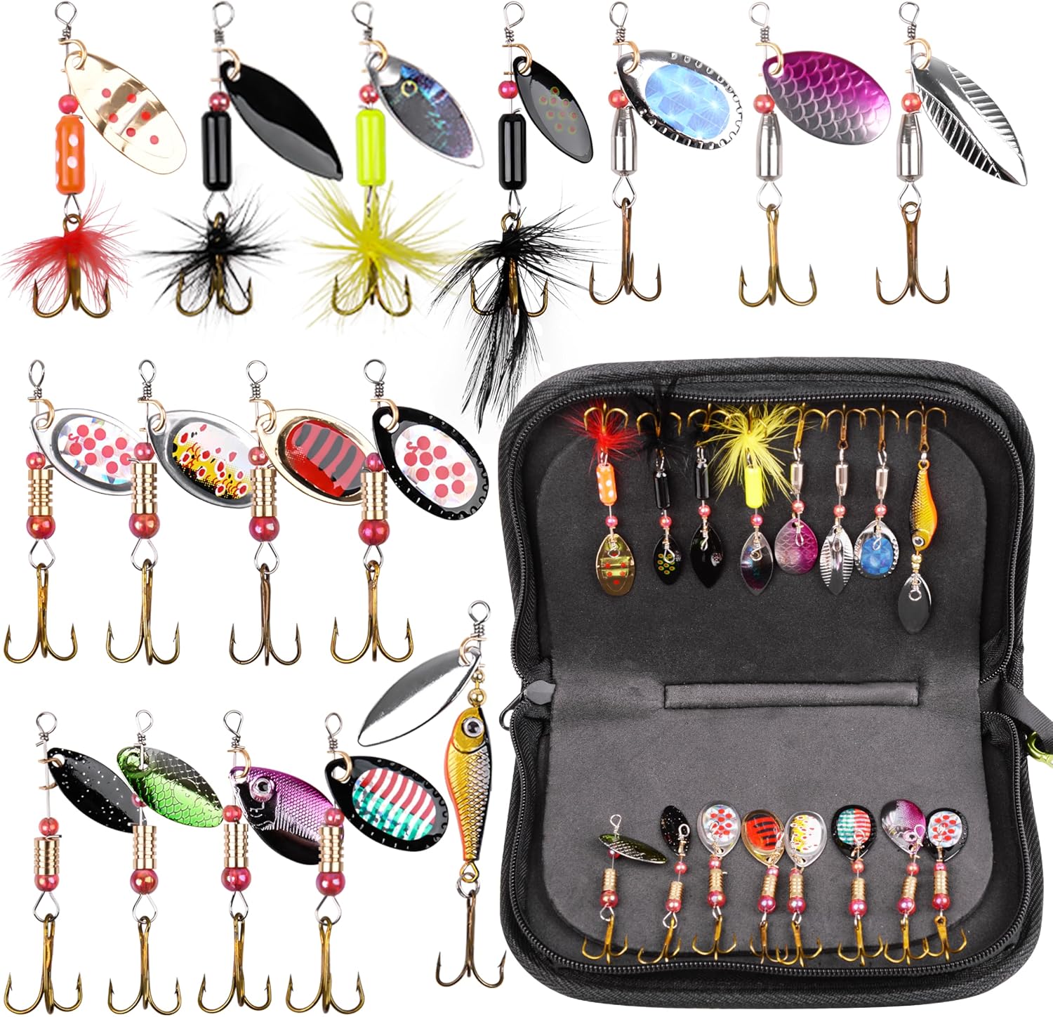 Inline Spinner Baits Fishing Lures, 16pcs Spinnerbaits Bass Trout Lures | Rooster Feather Tail Fishing Lures, Fishing Spinners Lure with Blade, Spoon Lure for Pike Perch Freshwater Saltwater