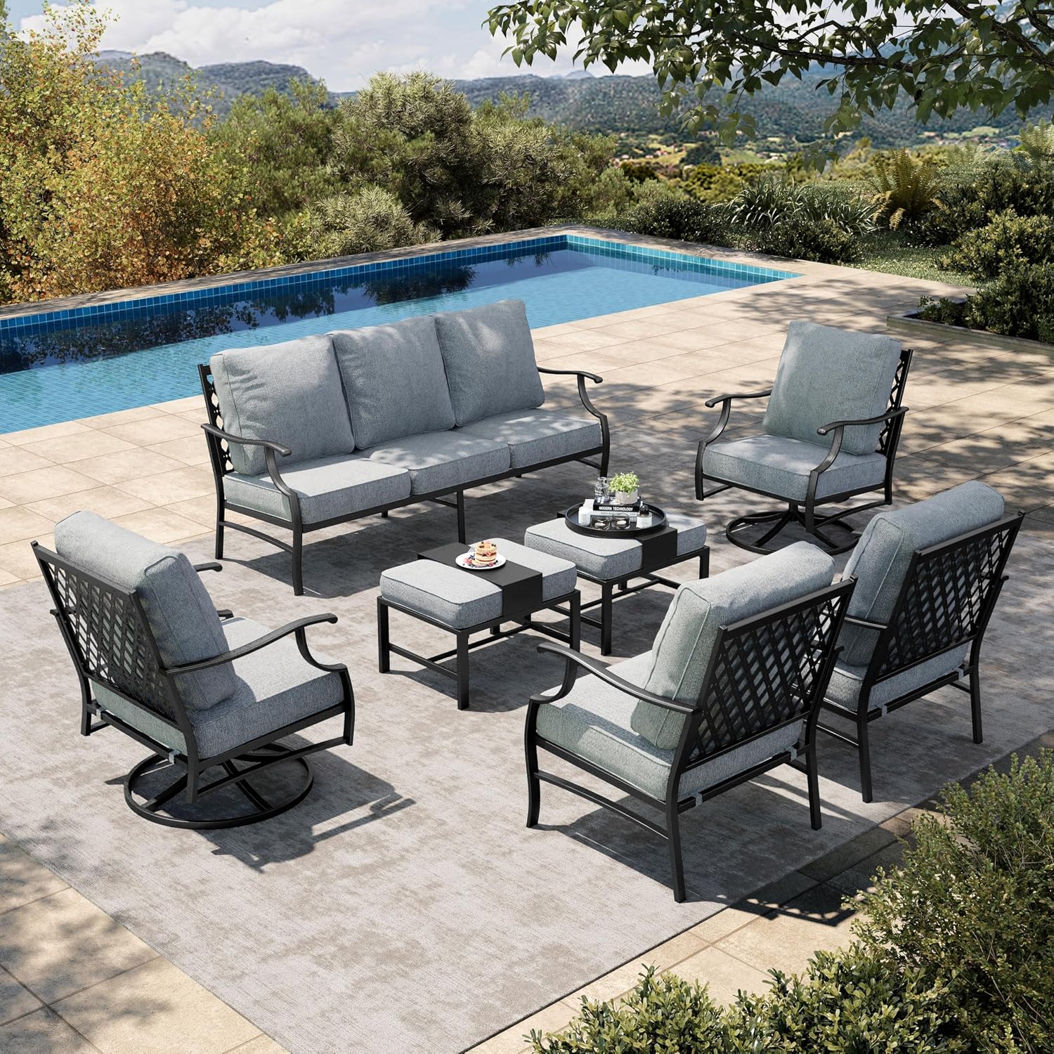 HERA’S HOUSE 7 Piece Patio Furniture Set, 2 x Swivel Chair, 2 x Fixed Chair, 2 x Ottoman, 1 x 3-Seat Sofa, All Cushioned Outdoor Conversation Set for Lawn Garden Backyard, Grey