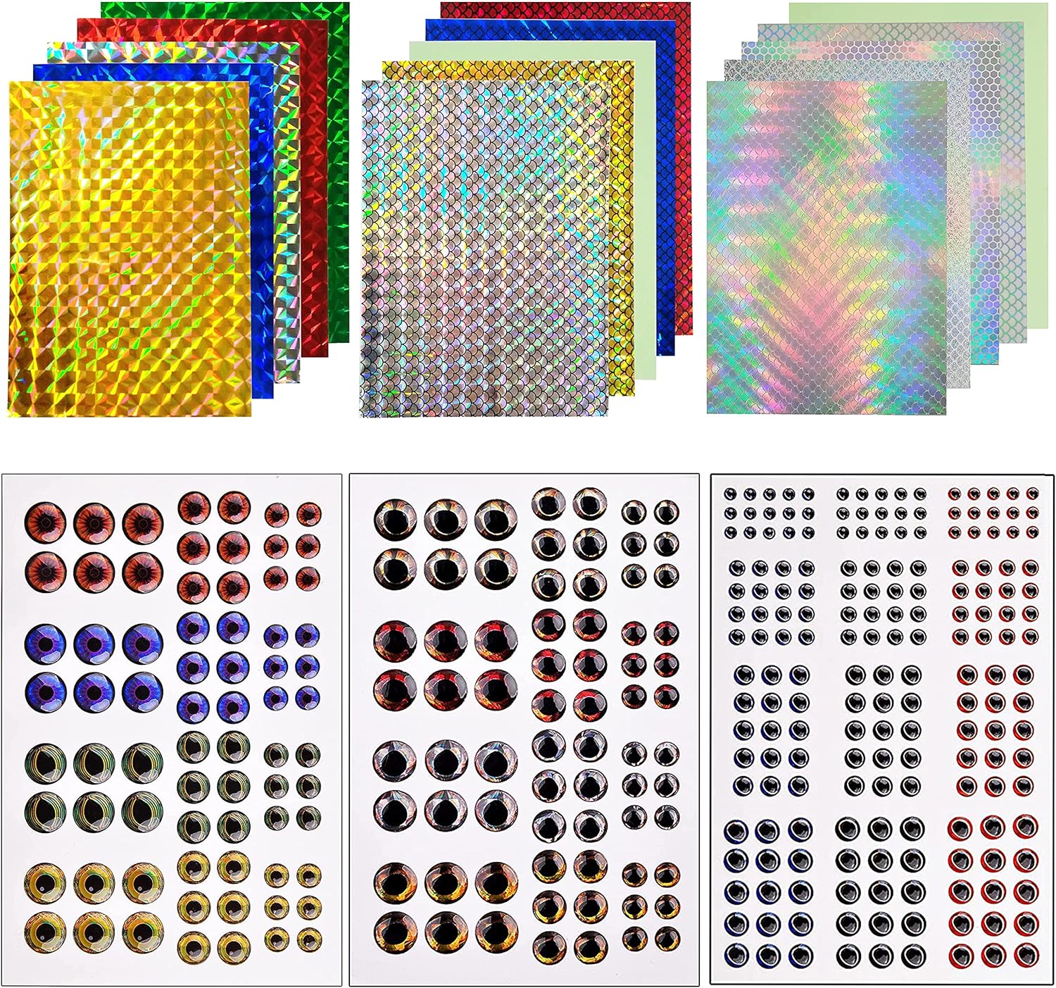 Fishing Lure Sticker & Eyes, 342pcs 3D/4D/5D Realistic Fishing Lure Eyes Holographic Adhesive Flash Lure Tapes for DIY Making Crafts Tool