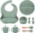 Silicone Baby Feeding Set 9 Pcs, Spill-Proof Suction Plate, Bowl, Bib, Silicone spoon&forks, Wooden Spoons&forks, Training cup with straw and Sippy Cup, Baby Eating Utensils (Green)